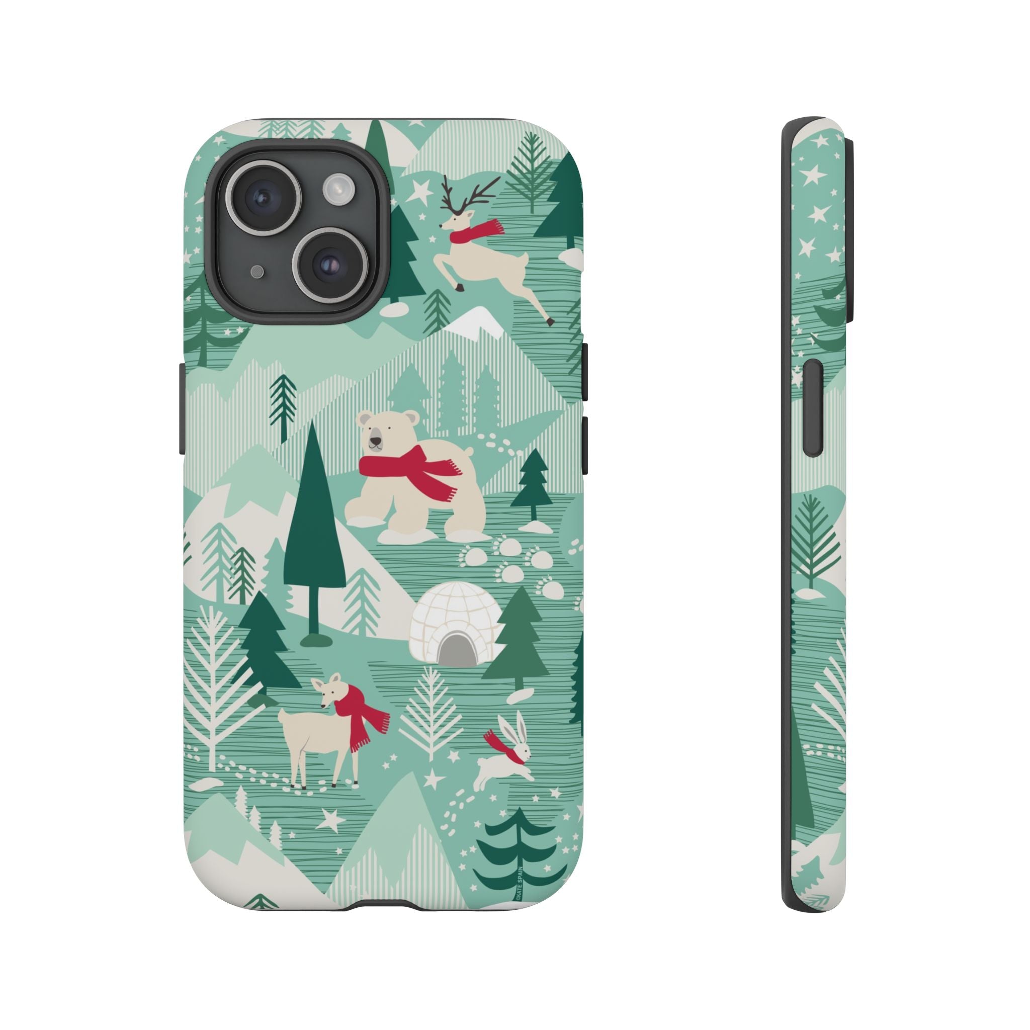 Arctica Winter Tough iPhone 15 Case – Matte | aqua, evergreen, white, animal frolic winter wonderland print