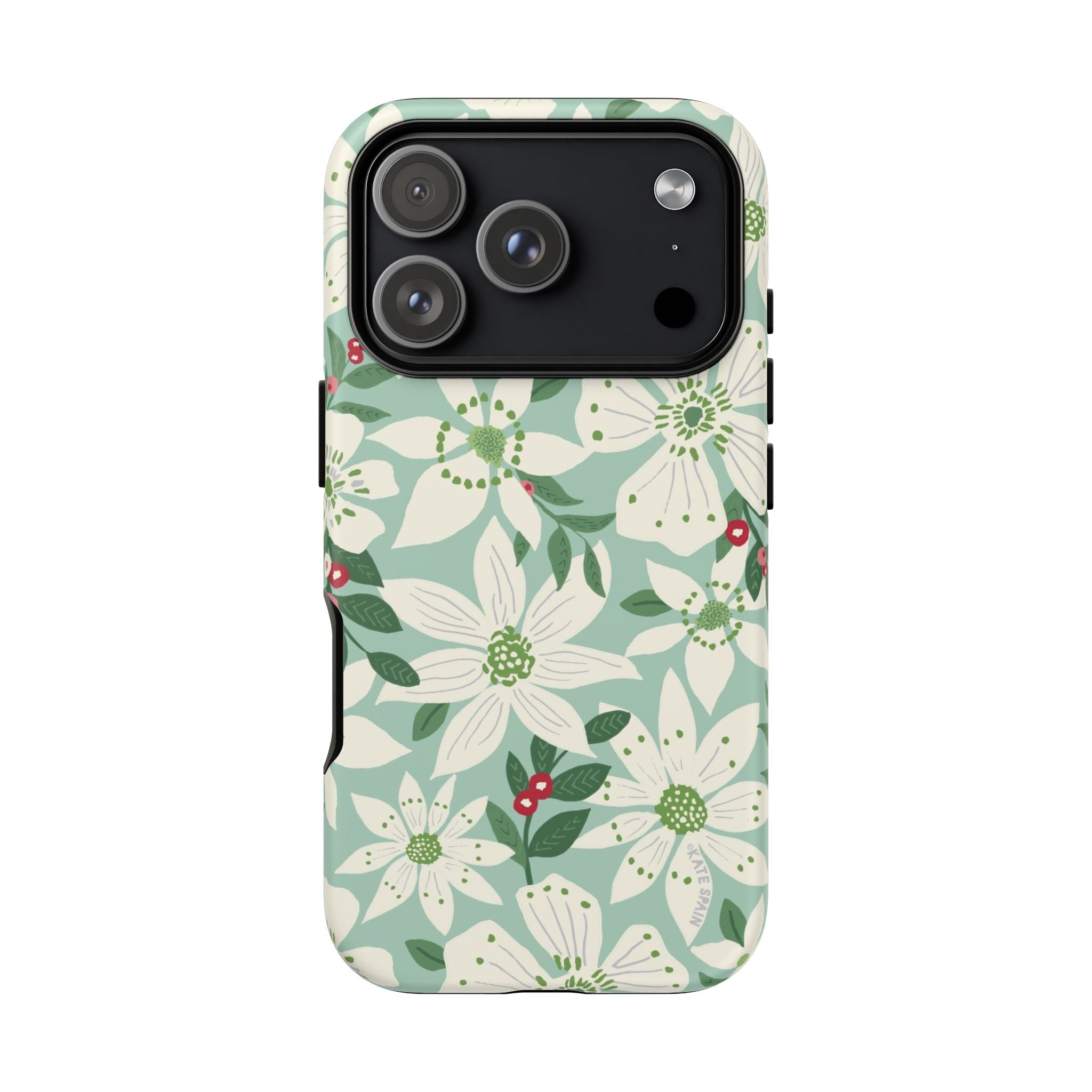Gardenia Tough iPhone 17 Pro Case – Matte | light blue, white, green, red gardenia botanical print