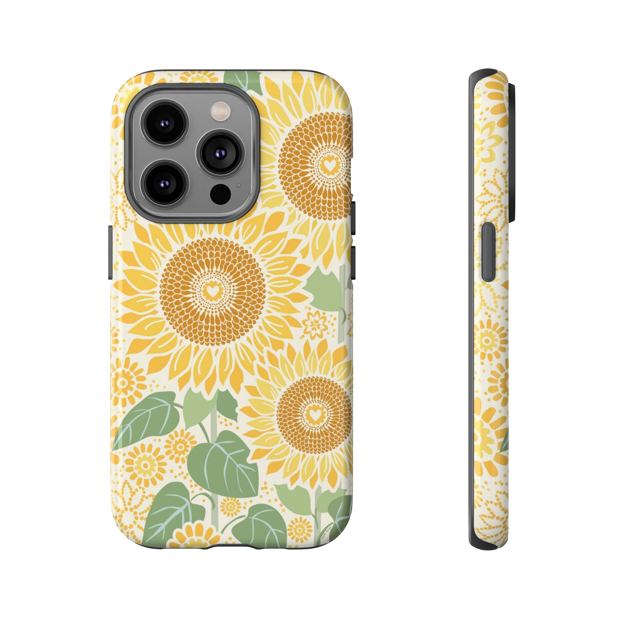 Sunny Sunflower iPhone 14 Pro case – Glossy | cream ground, large-scale yellow sunflower print, golden seed detail with heart centers, dual-layer protection