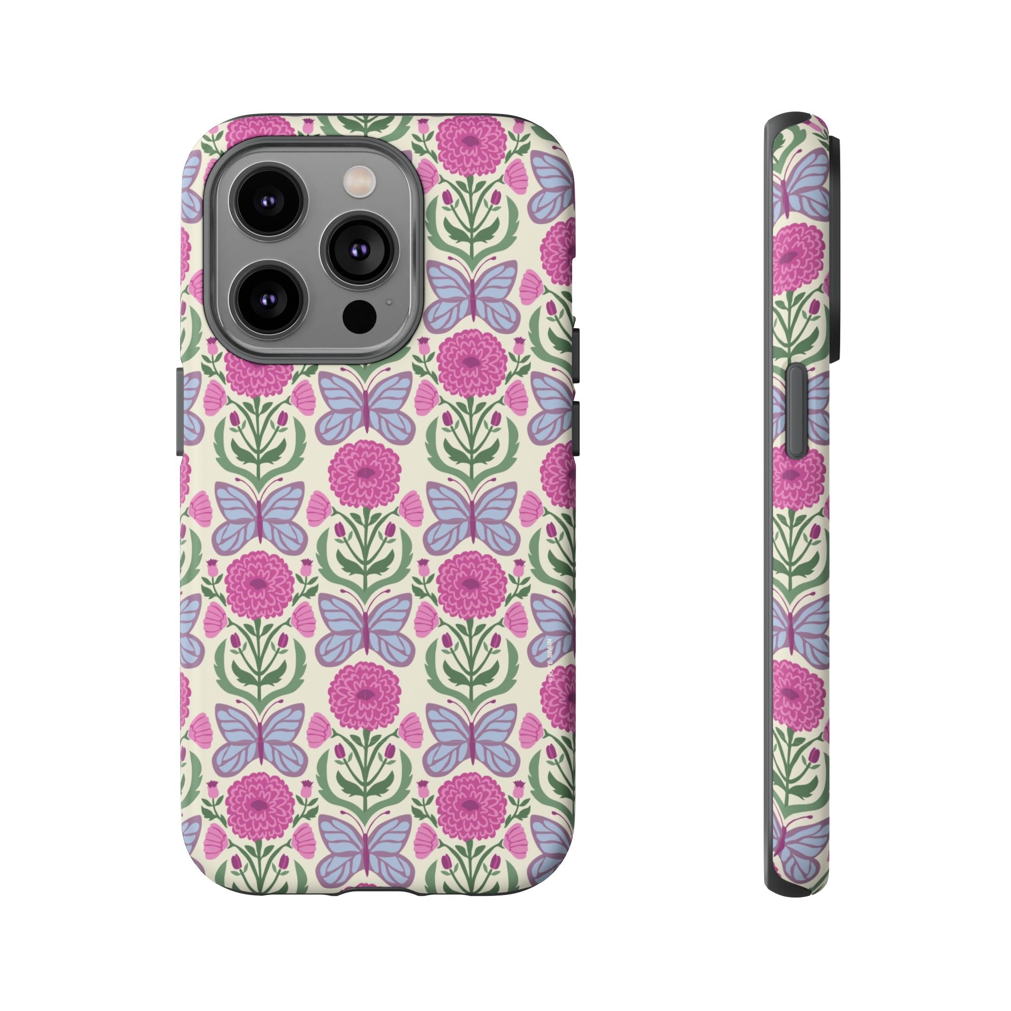 Butterfly Tough iPhone 14 Pro Case – Matte | cream, magenta, periwinkle butterfly floral print