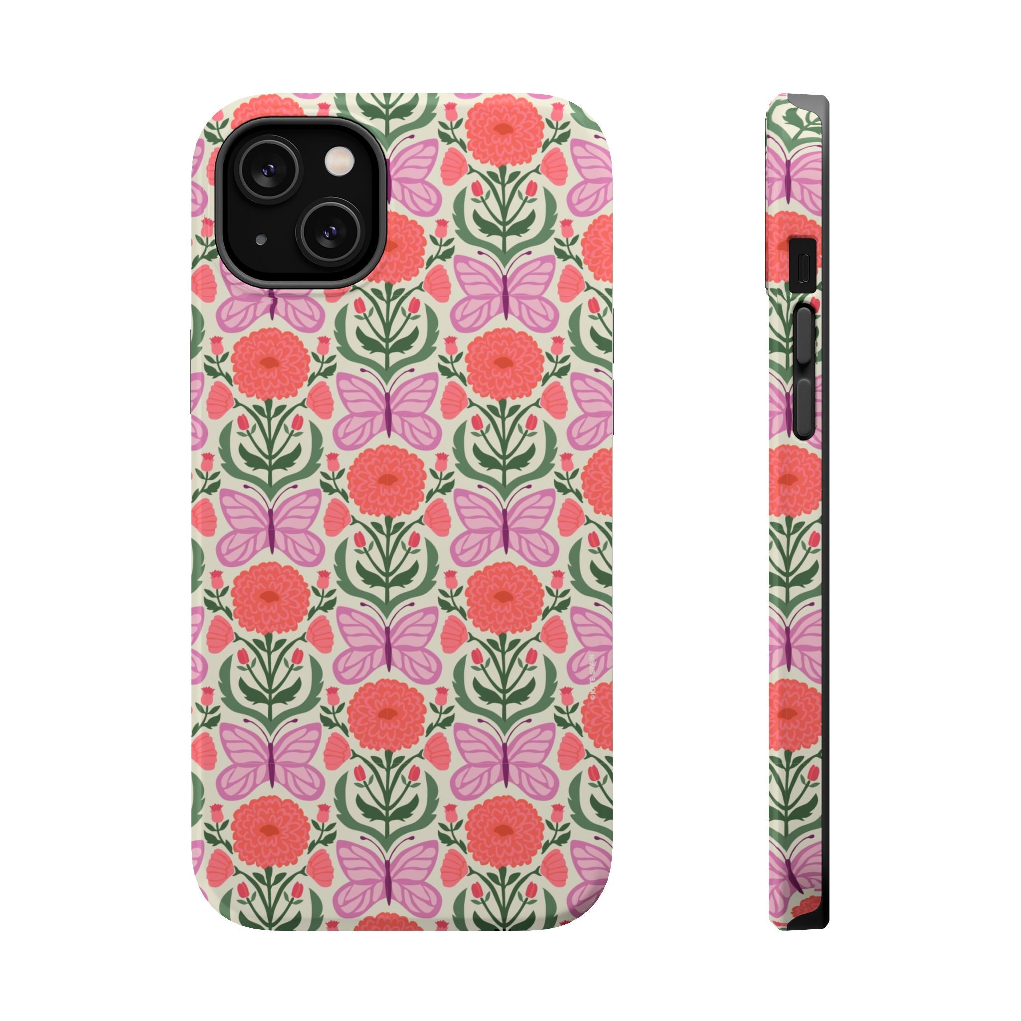 Pink Butterfly MagSafe iPhone 14 Plus Case – Glossy | cream, coral, lavender, green butterfly floral print