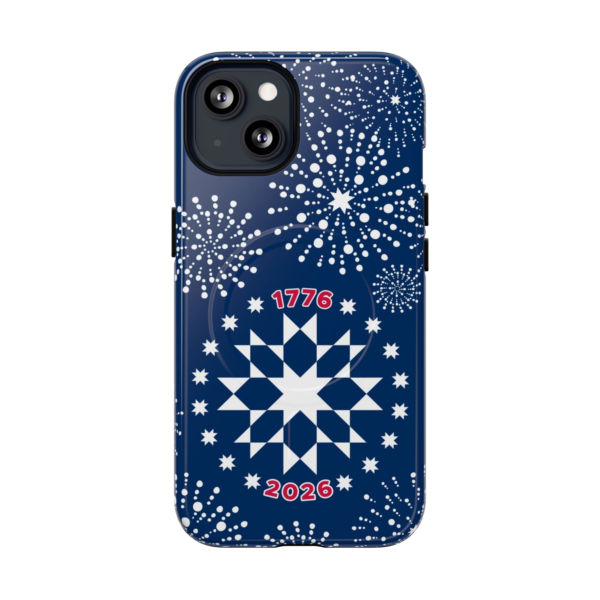 250th Fireworks MagSafe iPhone 13 Case – Glossy | navy, white patriotic star quilt fireworks print