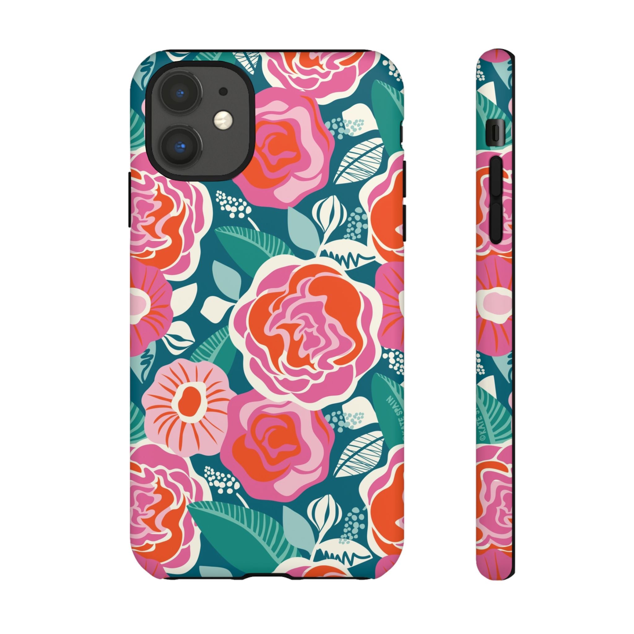 Tea Rose Teal Tough iPhone 11 Case – Matte | teal, coral, pink botanical rose floral print