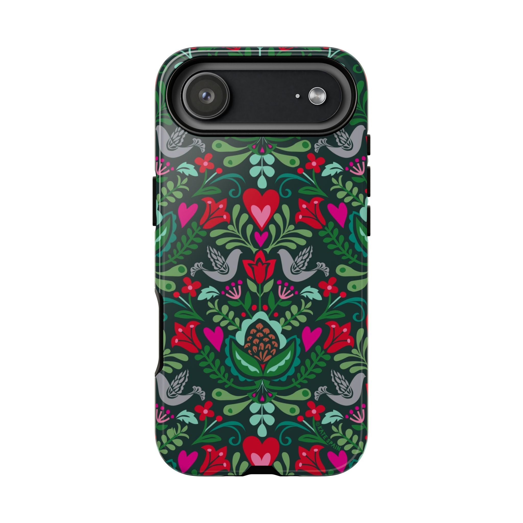 Rosemaling Tough iPhone 17 Air Case – Glossy | dark green, red, pink, gray folk art floral bird print