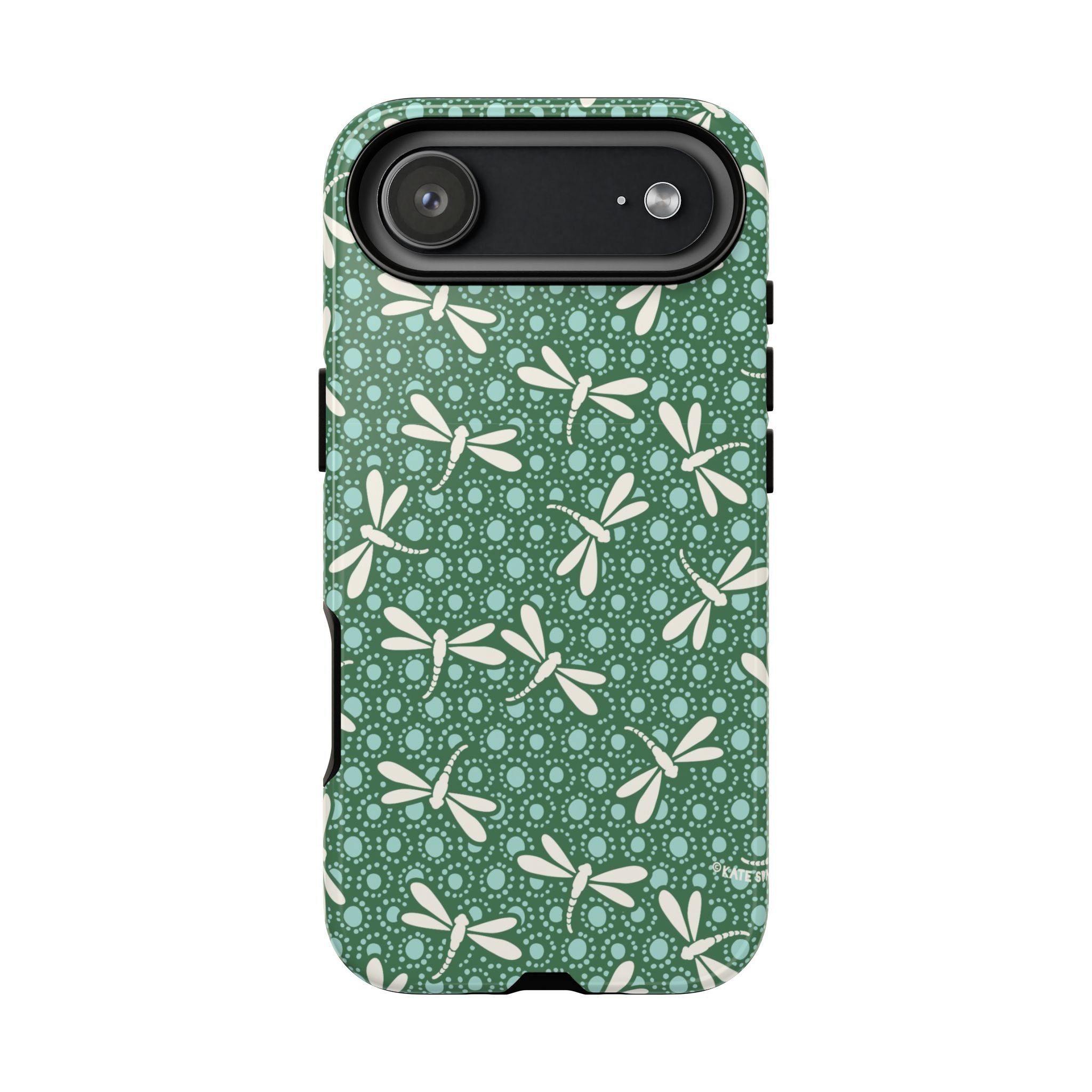 Designer Dragonfly Tough iPhone 17 Air Case – Glossy | jade green, aqua, cream dragonfly print