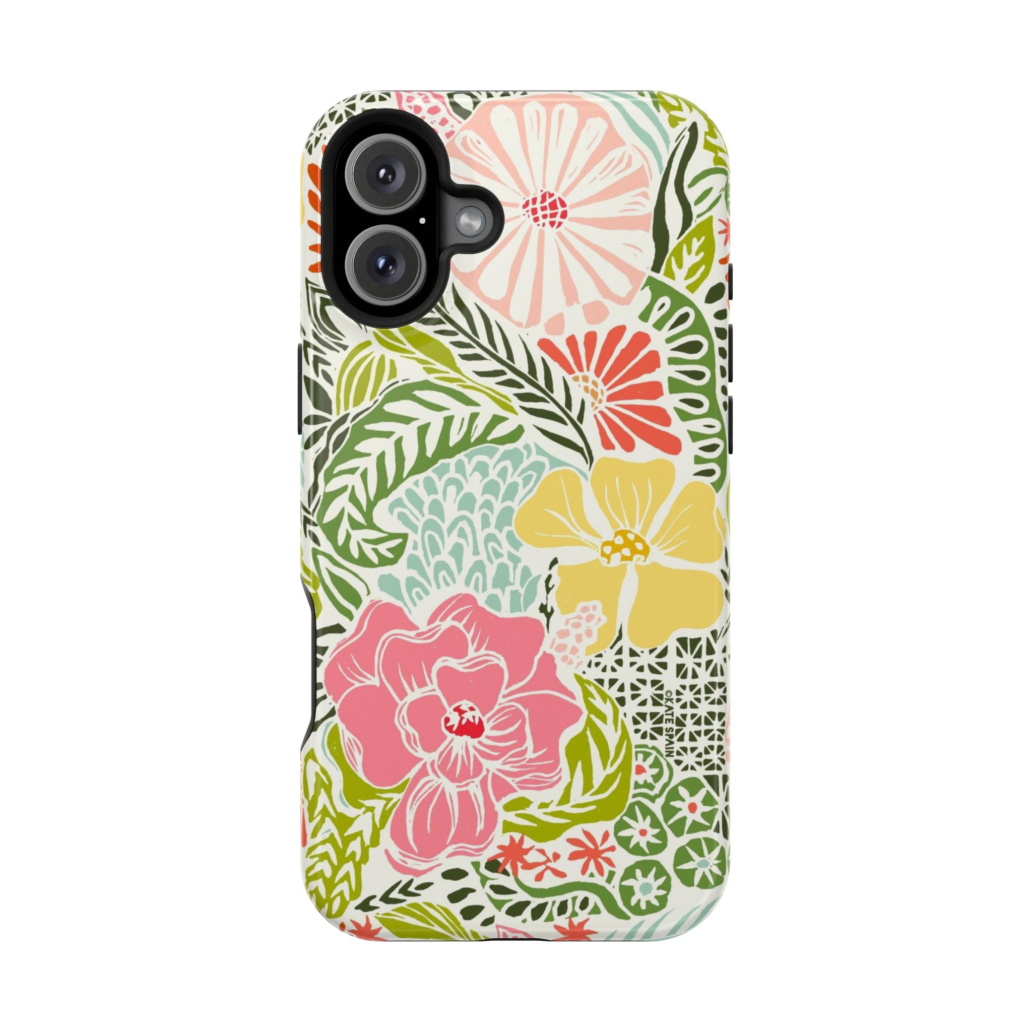 Tropica MagSafe iPhone 16 Plus Case – Glossy | cream, pink, yellow, blue botanical floral print MagSafe compatible, dual-layer protection