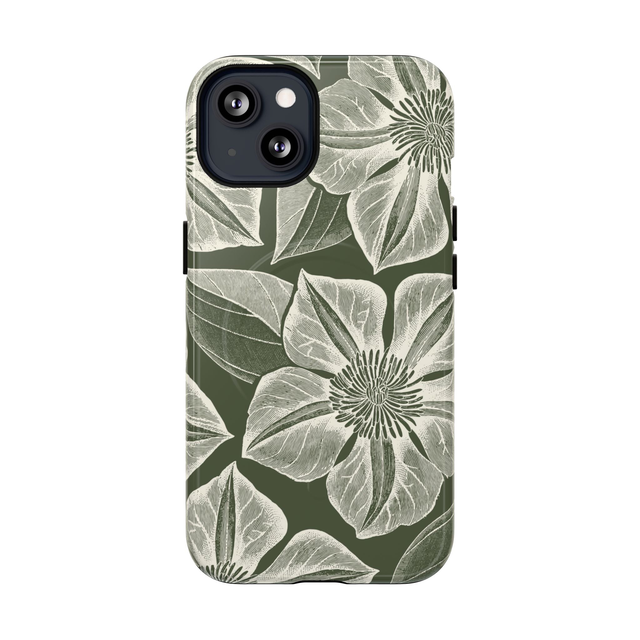 Vintage Bloom Cypress MagSafe iPhone 13 – Glossy | cypress green ground, large-scale white clematis print, engraved petal detail, dual-layer protection