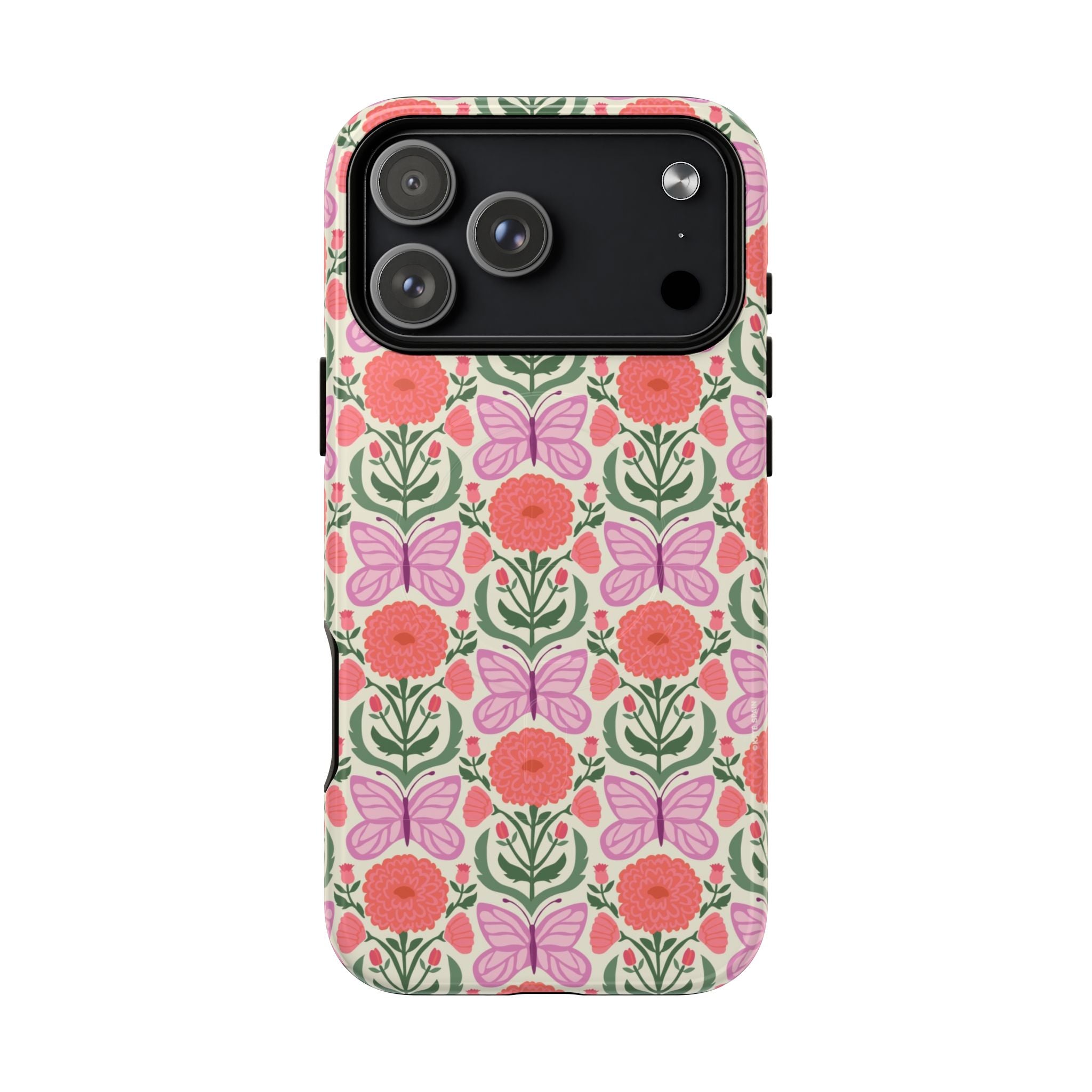 Pink Butterfly MagSafe iPhone 17 Pro Max Case – Glossy | pink, coral, green, cream butterfly floral print