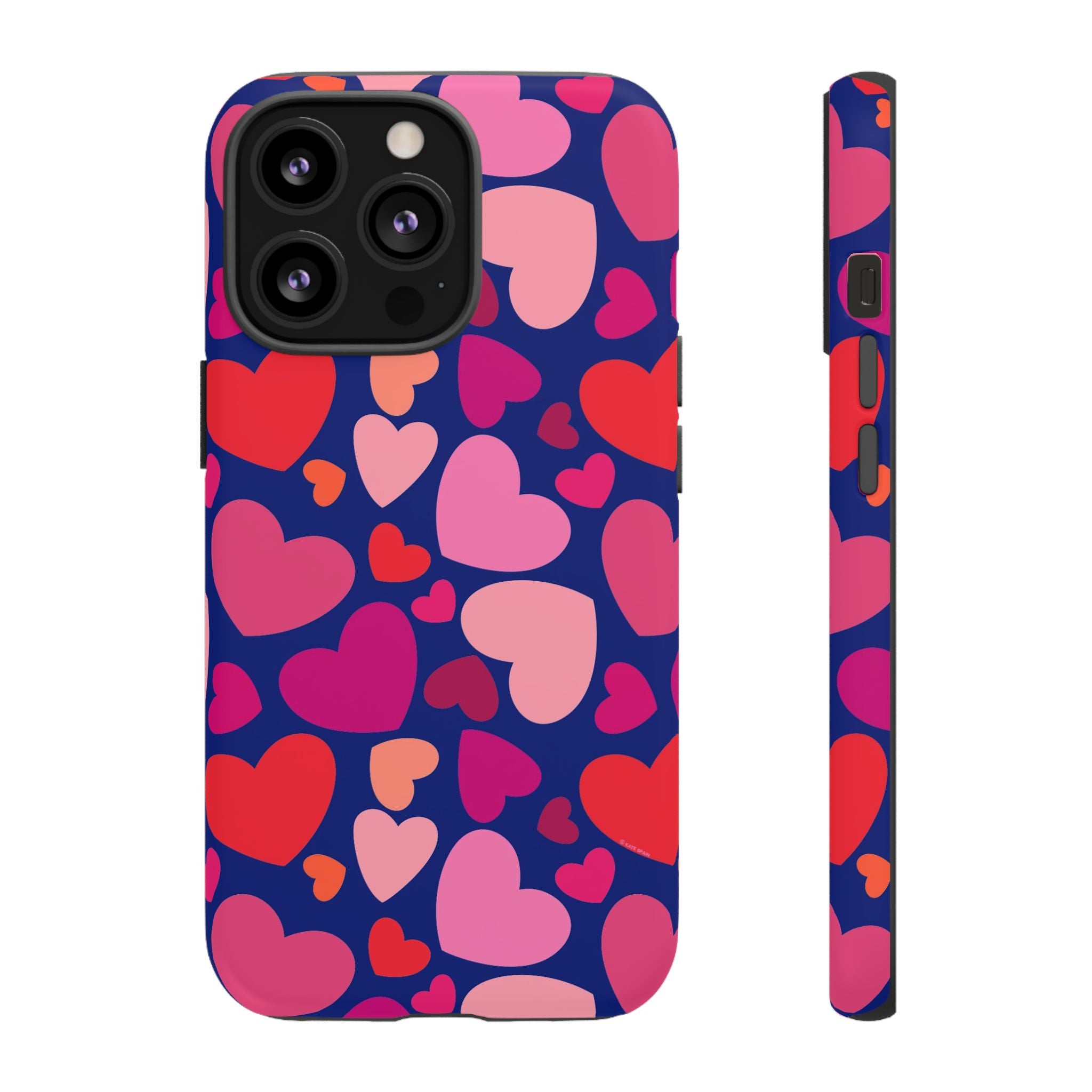 Hearts Tough iPhone 13 Pro Case – Matte | navy, pink, red, coral scattered heart print