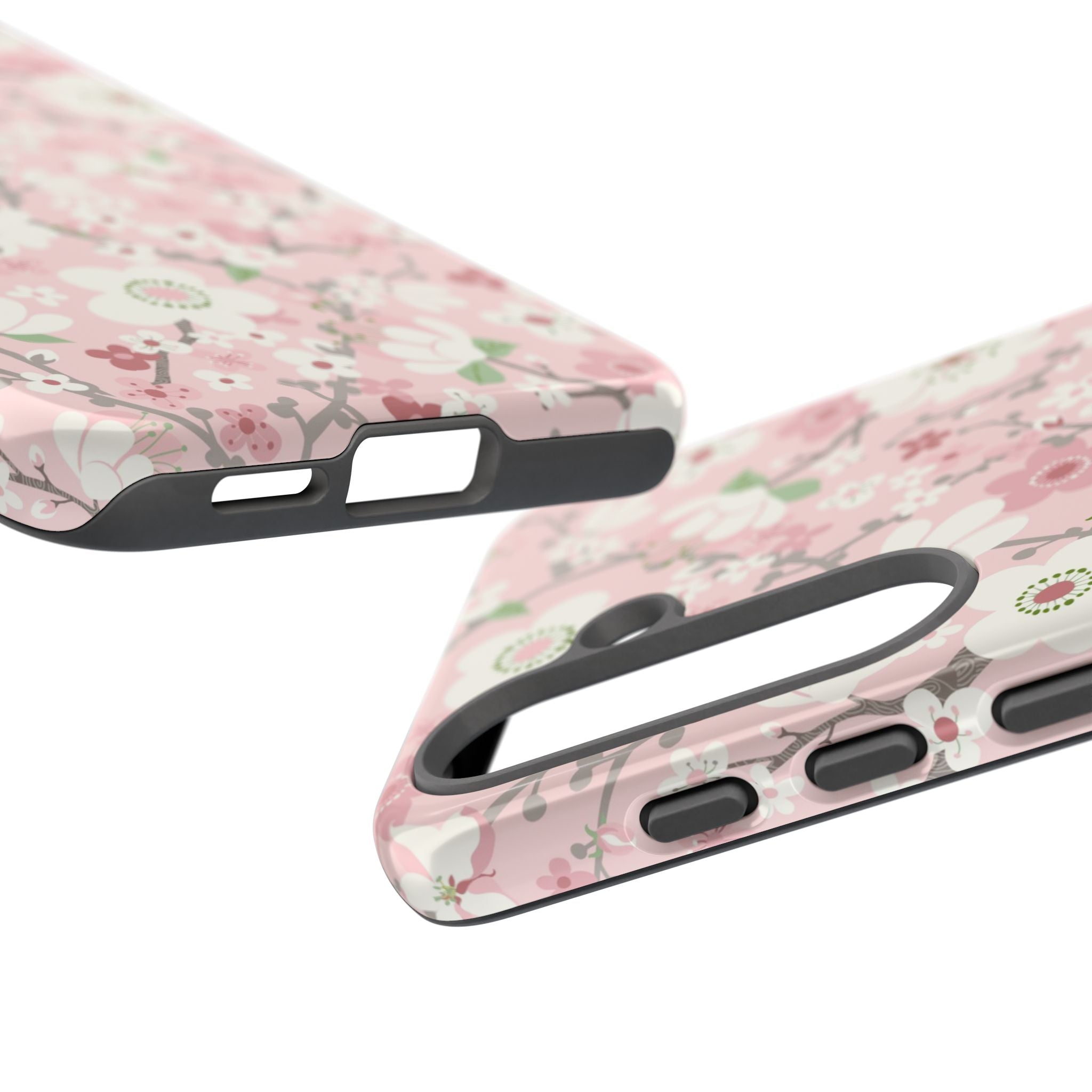  Luxury Pink Cherry Blossom Samsung Galaxy S26 Plus Case – Glossy | Detail of sides of case in pink, white, cherry blossom floral print