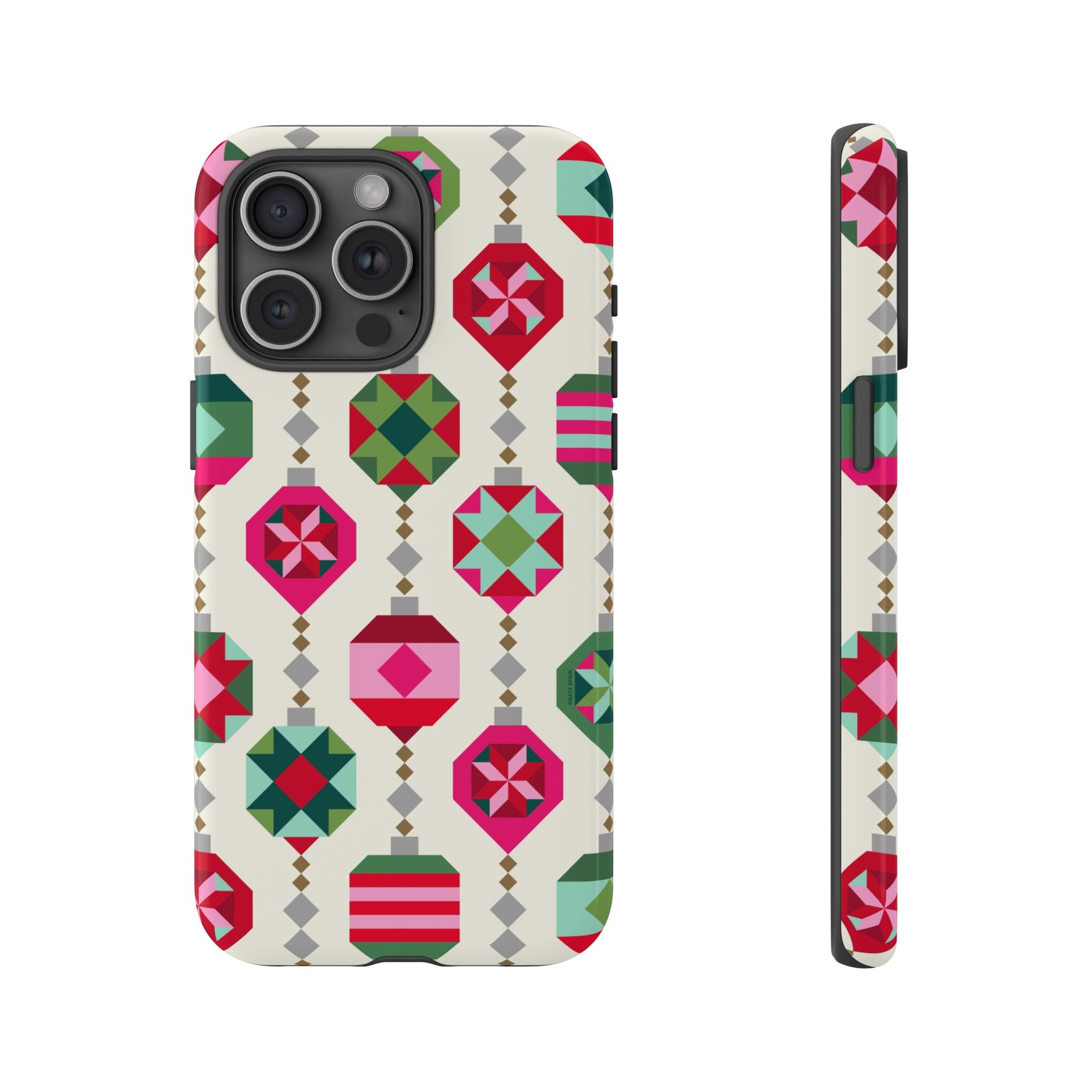 Felicity Ornaments Tough iPhone 15 Pro Max Case – Glossy | cream, red, pink, green, mint geometric quilted ornament print