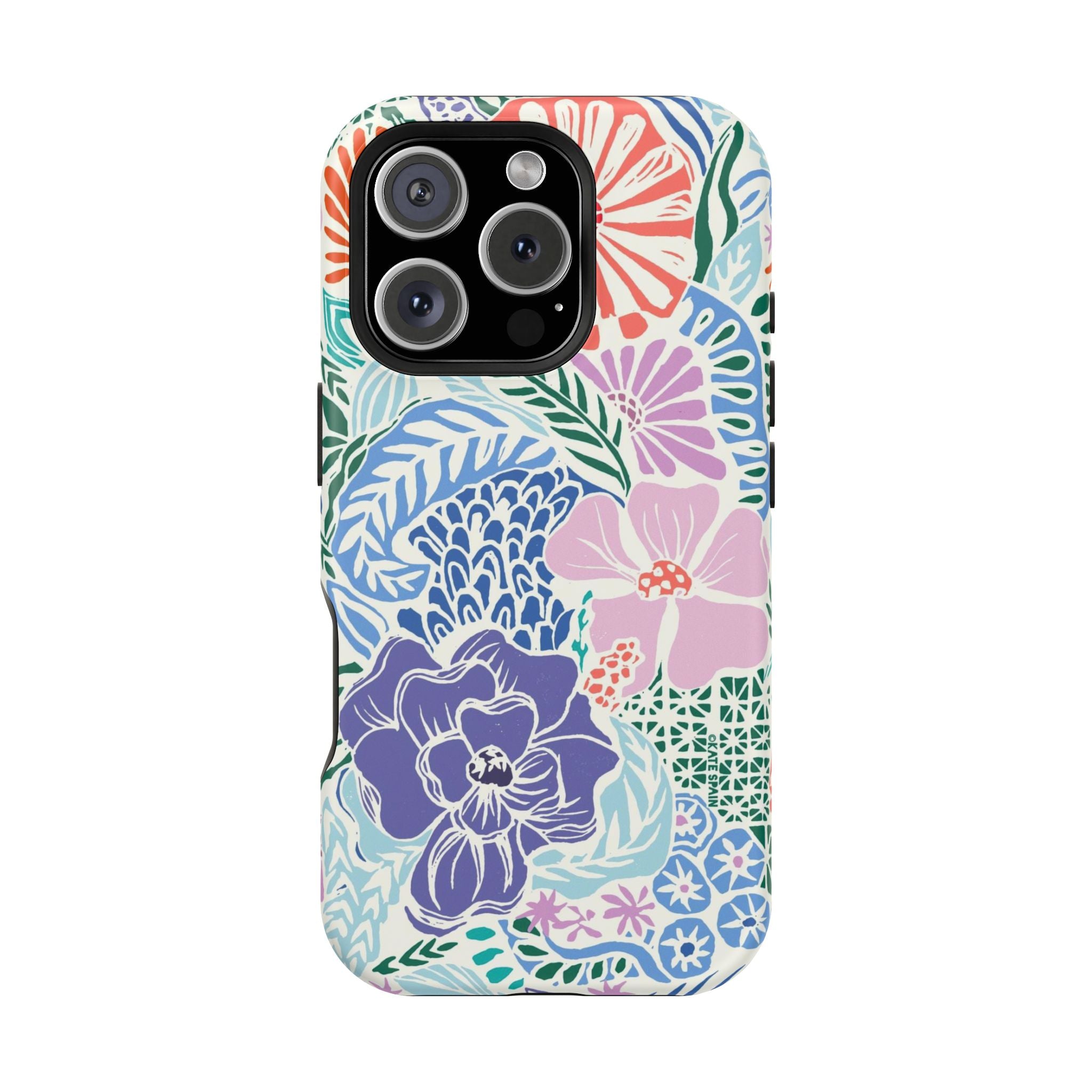 Tropica MagSafe iPhone 16 Pro Case – Glossy | purple, coral, pink, blue botanical tropical floral print MagSafe compatible, dual-layer protection