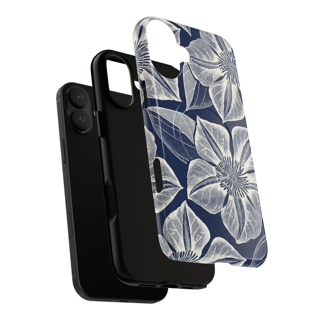 Vintage Bloom Navy MagSafe iPhone 16 Pro Max Case – Glossy | navy ground, large-scale white clematis print, engraved petal detail | dual-layered view of case and inner lining in front of phone, with view of camera cutout and buttons