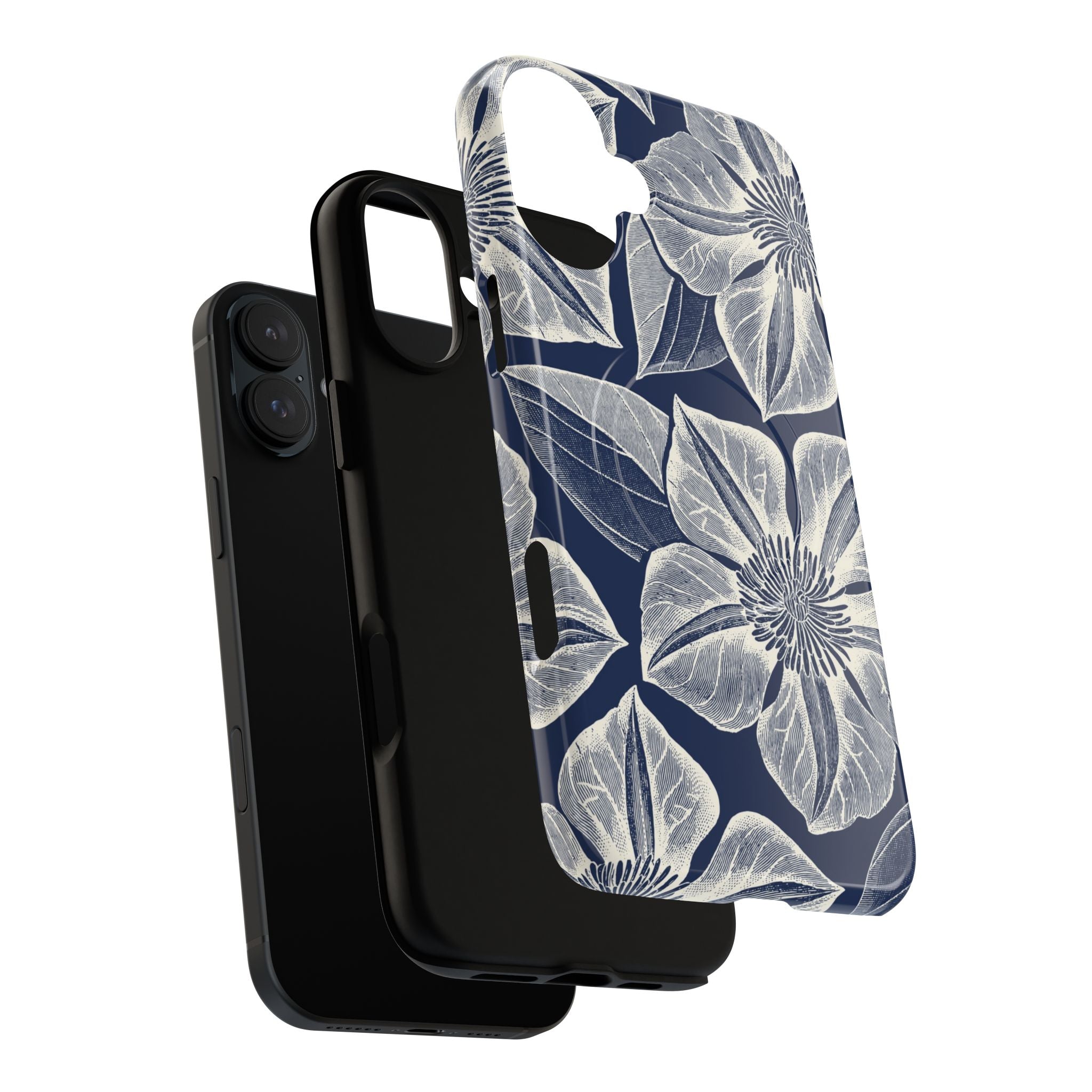 Vintage Bloom Navy MagSafe iPhone 16 Pro Max Case – Glossy | navy ground, large-scale white clematis print, engraved petal detail | dual-layered view of case and inner lining in front of phone, with view of camera cutout and buttons