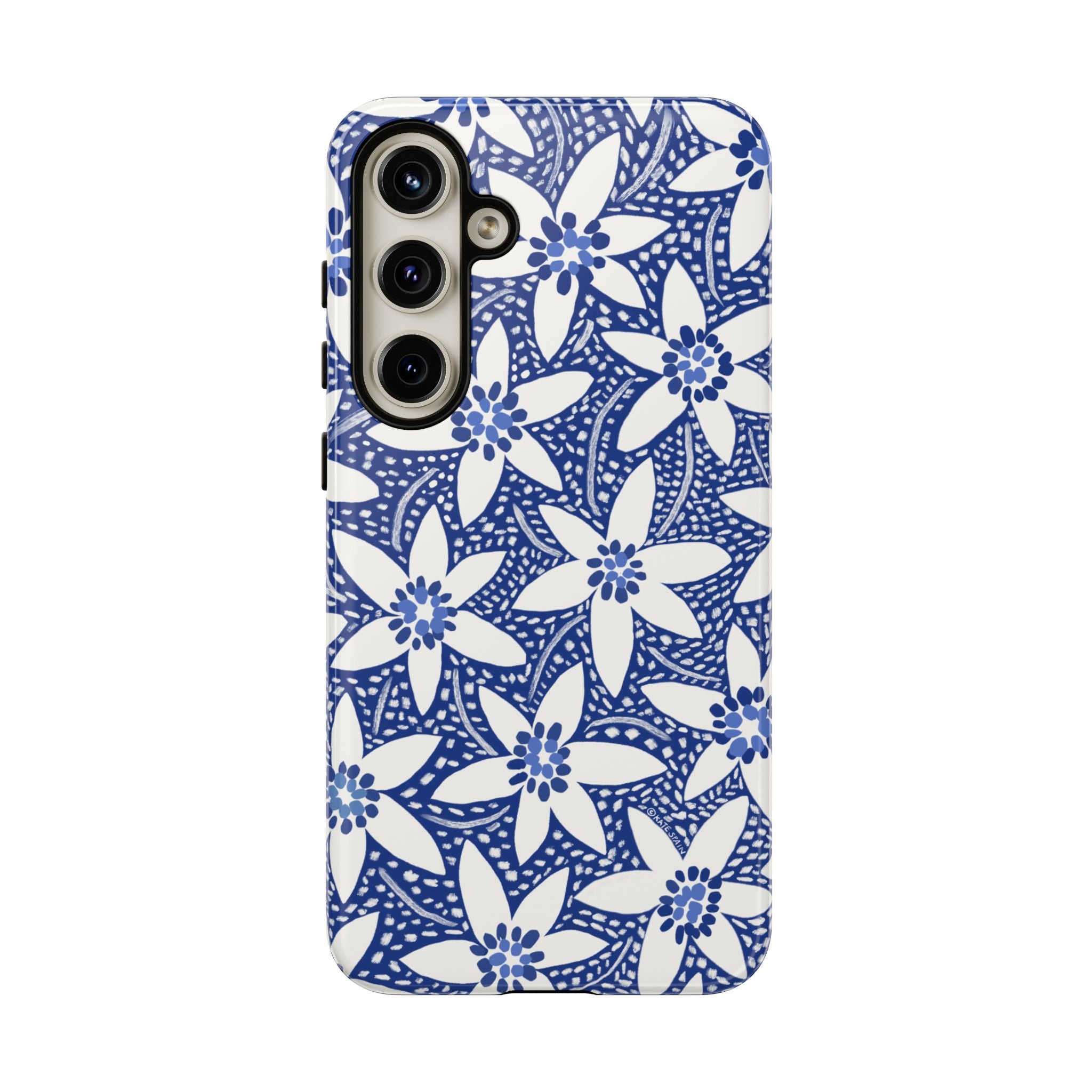 Starflower Samsung Galaxy S24 Plus Case – Glossy | navy, white geometric starflower print