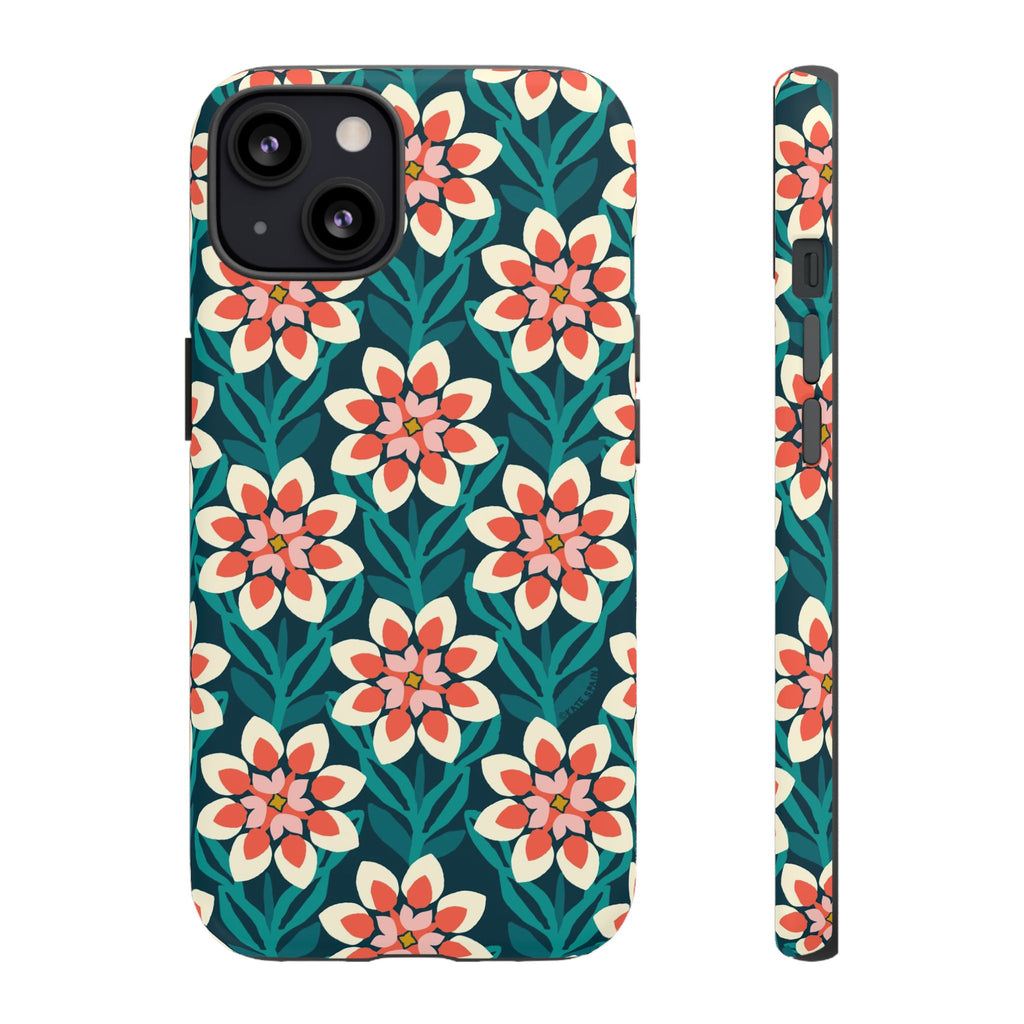 Modern Dahlia Tough iPhone 13 Case – Glossy | teal, coral, cream geometric dahlia floral print