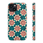 Modern Dahlia Tough iPhone 13 Case – Glossy | teal, coral, cream geometric dahlia floral print