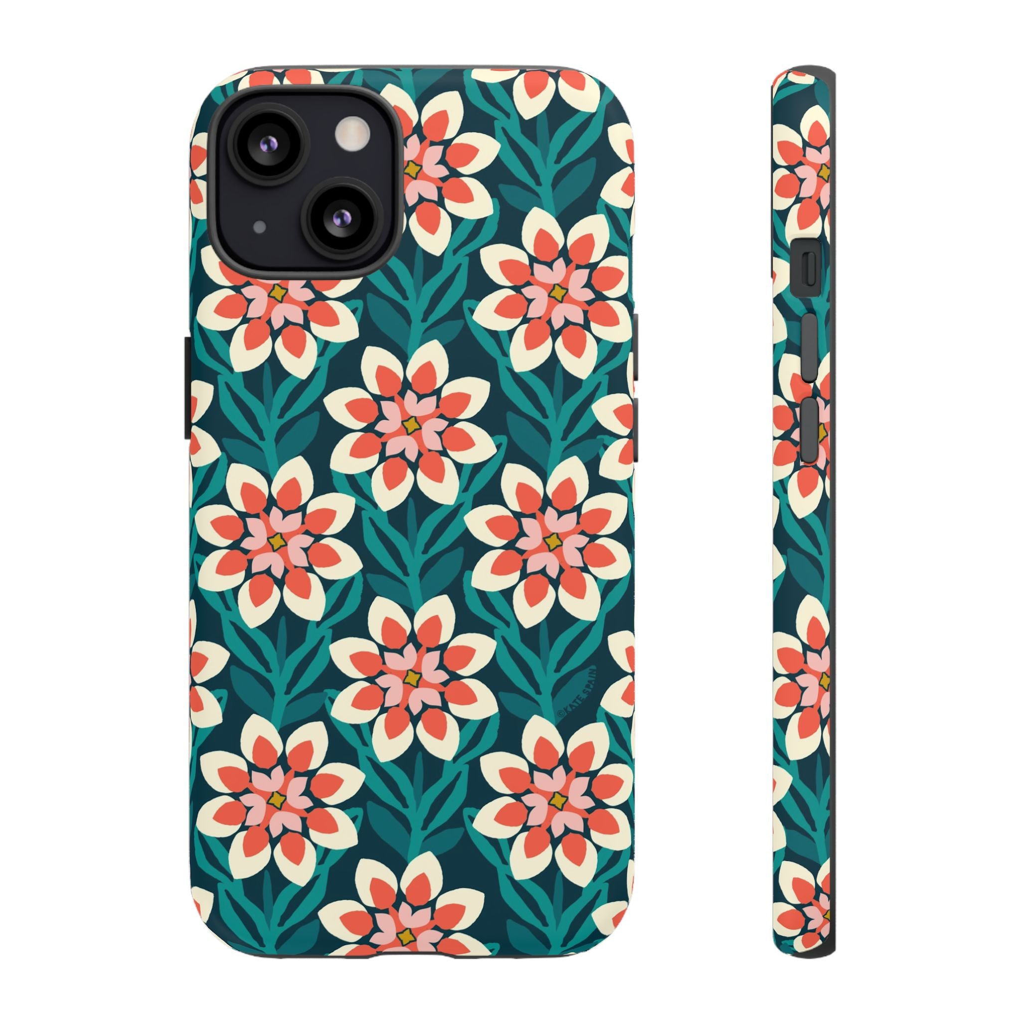 Modern Dahlia Tough iPhone 13 Case – Glossy | teal, coral, cream geometric dahlia floral print