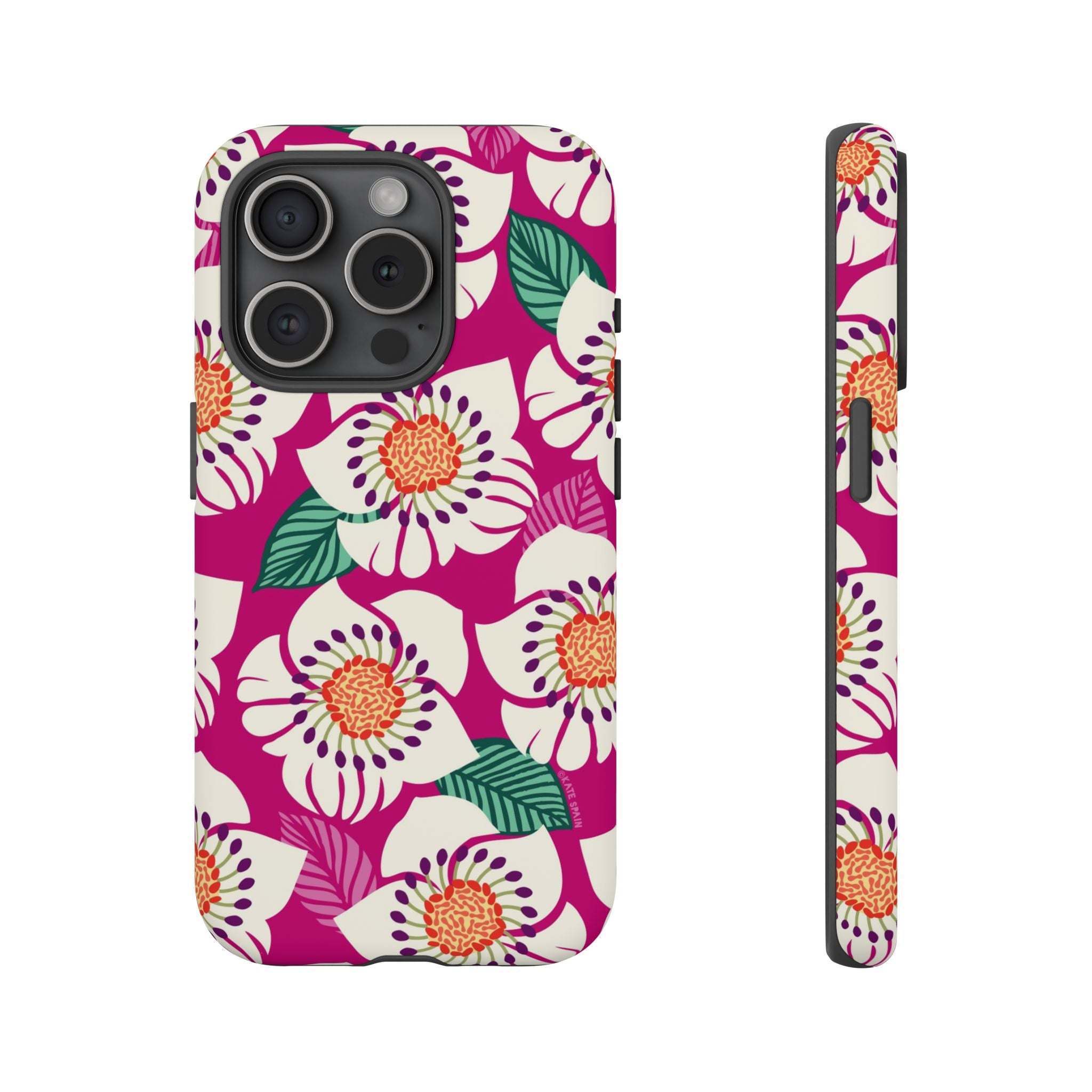 Panache Rose Tough iPhone 15 Pro Case – Matte | berry, cream white, peach anemone floral print