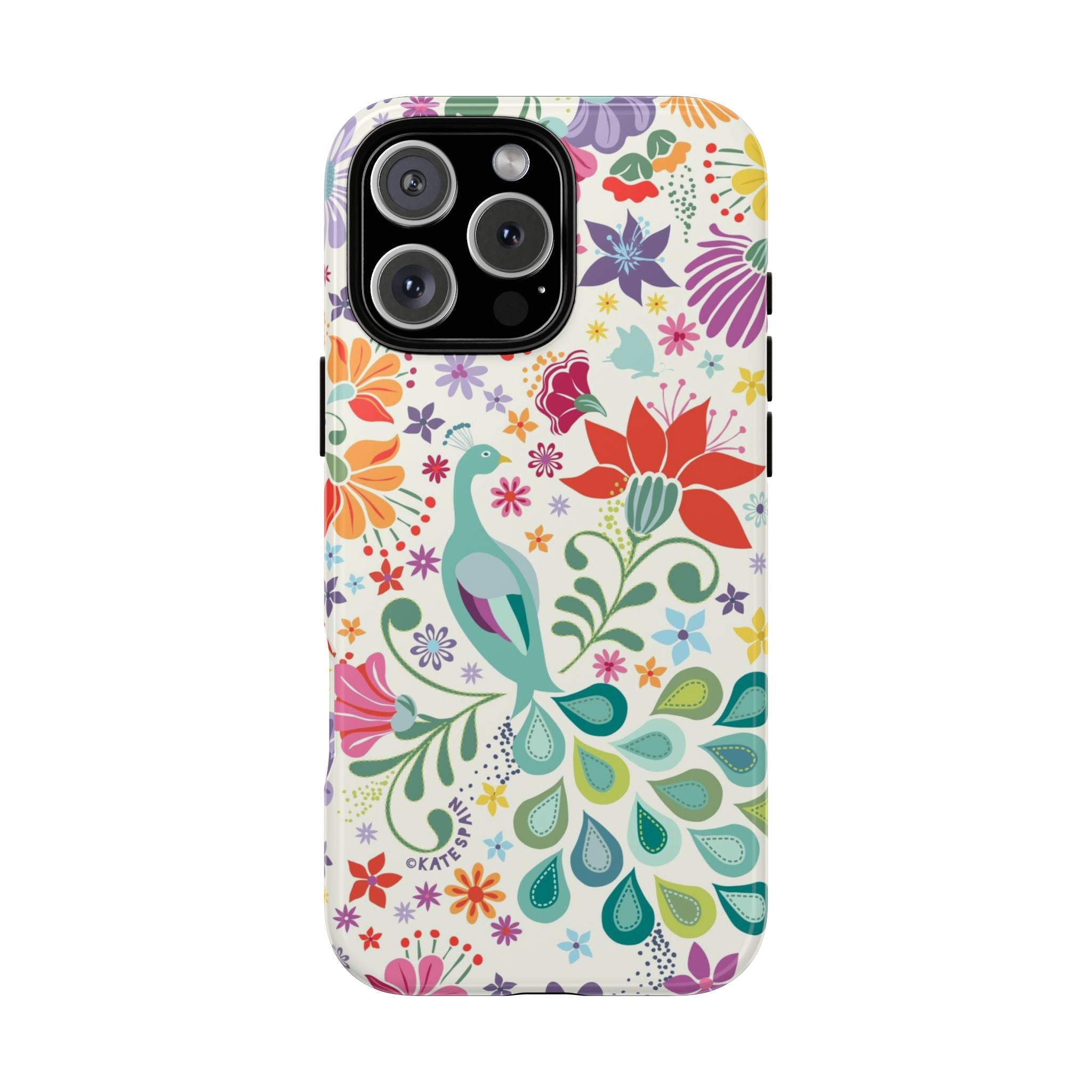 Peacock Sanctuary Tough iPhone 16 Pro Case – Matte | white, teal, coral multicolor vibrant peacock feather botanical print