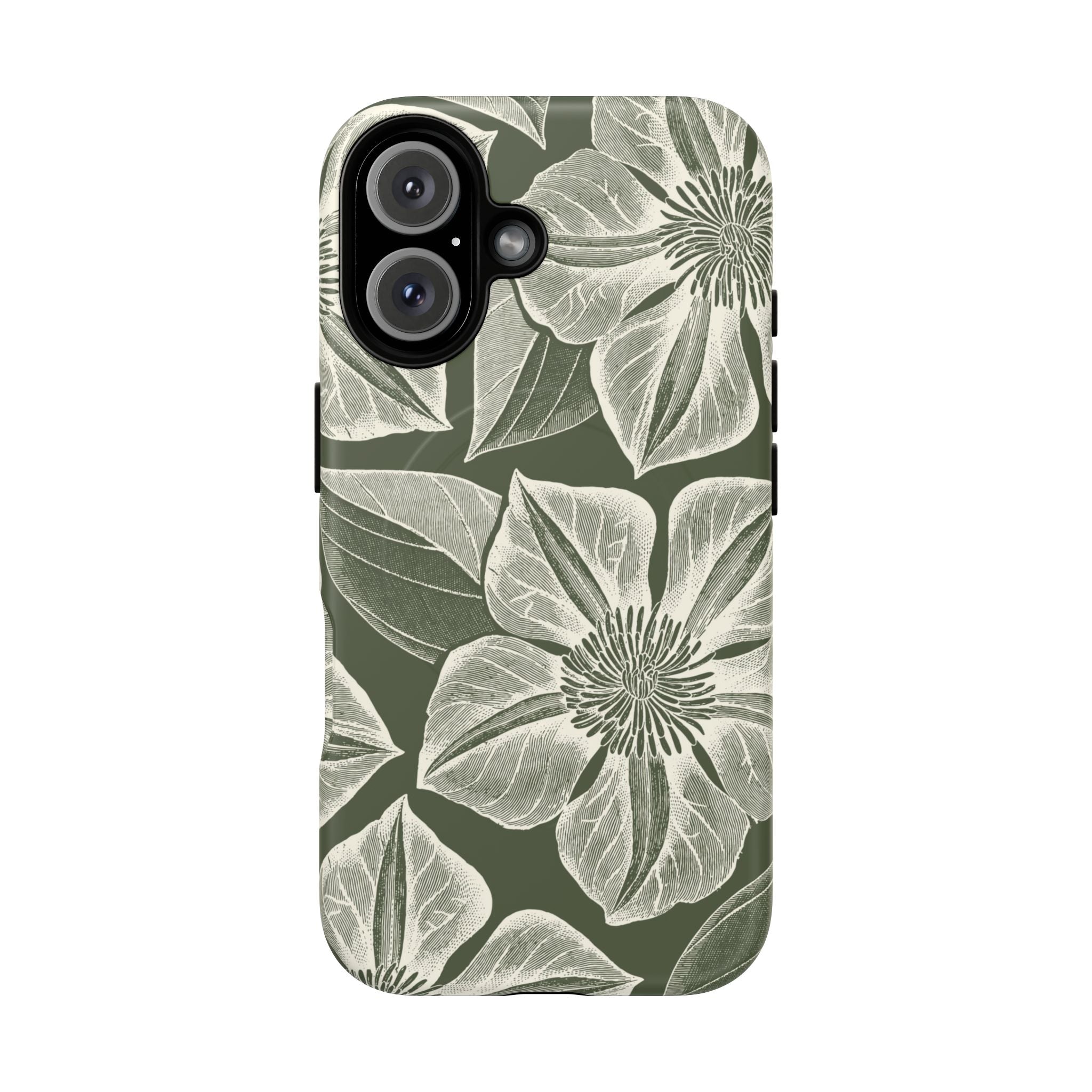 Vintage Bloom Cypress MagSafe iPhone 16 – Matte | cypress green ground, large-scale white clematis print, engraved petal detail, dual-layer protection