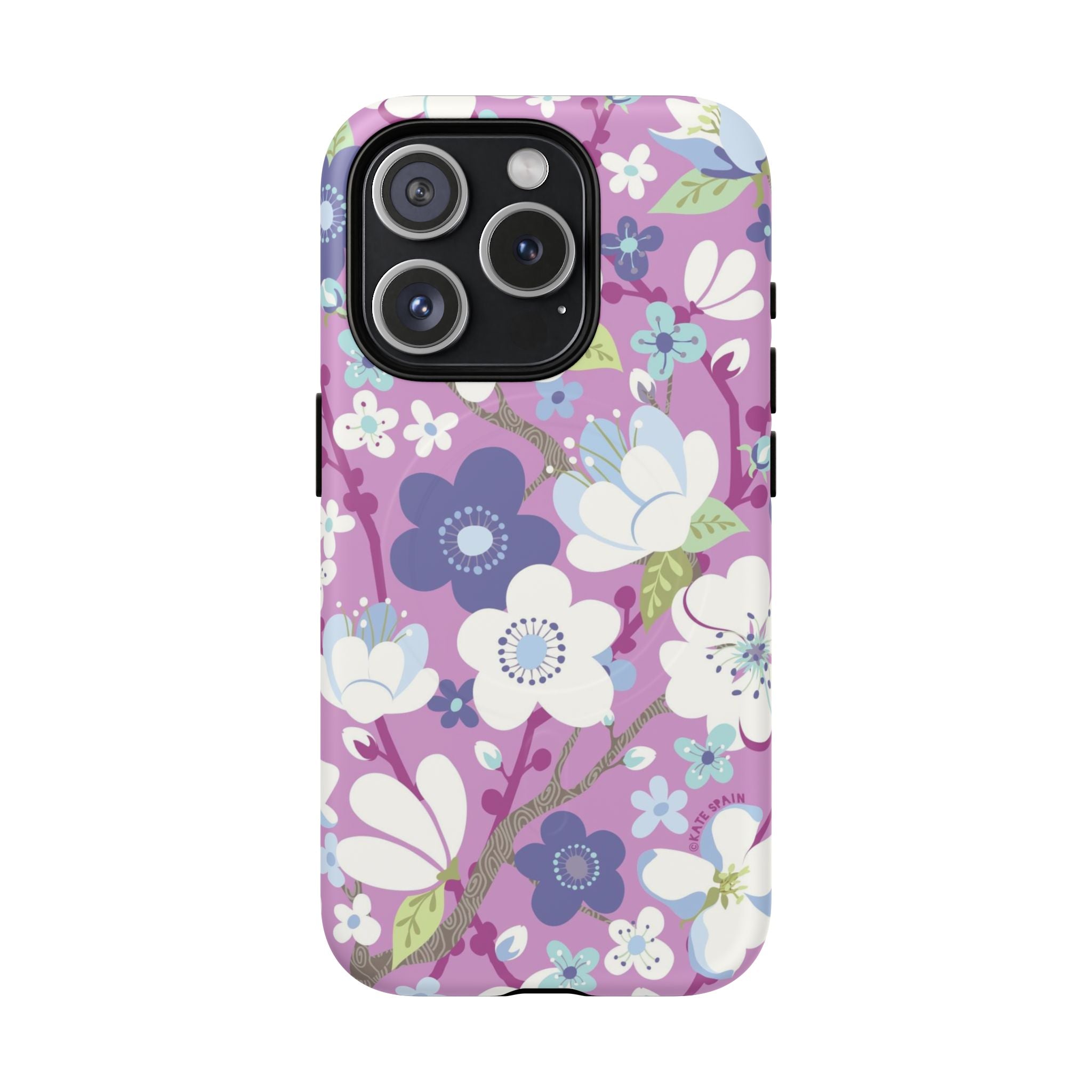 Purple Cherry Blossom MagSafe iPhone 15 Pro Case – Matte | mauve, purple, blue, white cherry blossom print