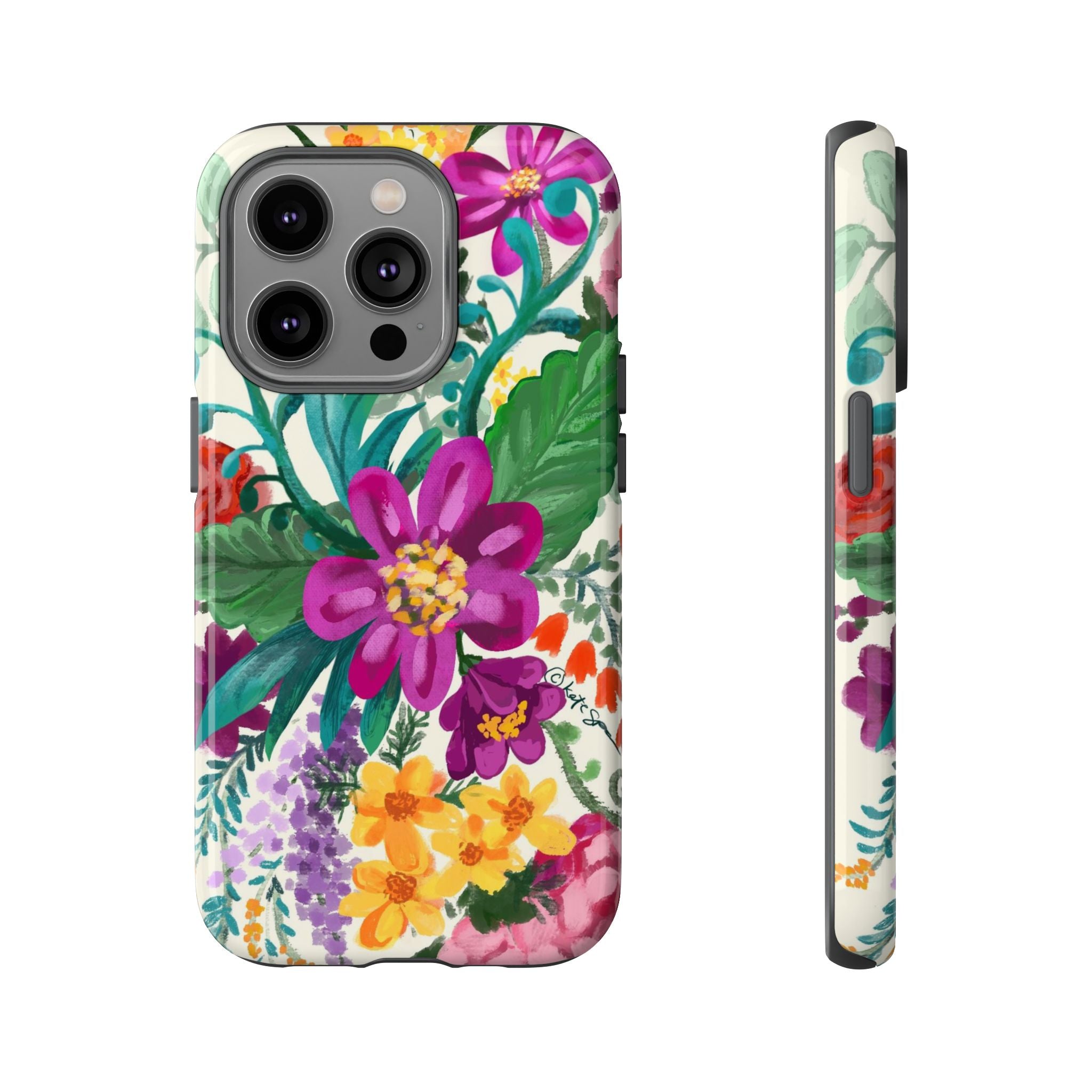 Posy Tough iPhone 14 Pro Case – Glossy | cream, magenta, coral botanical floral print