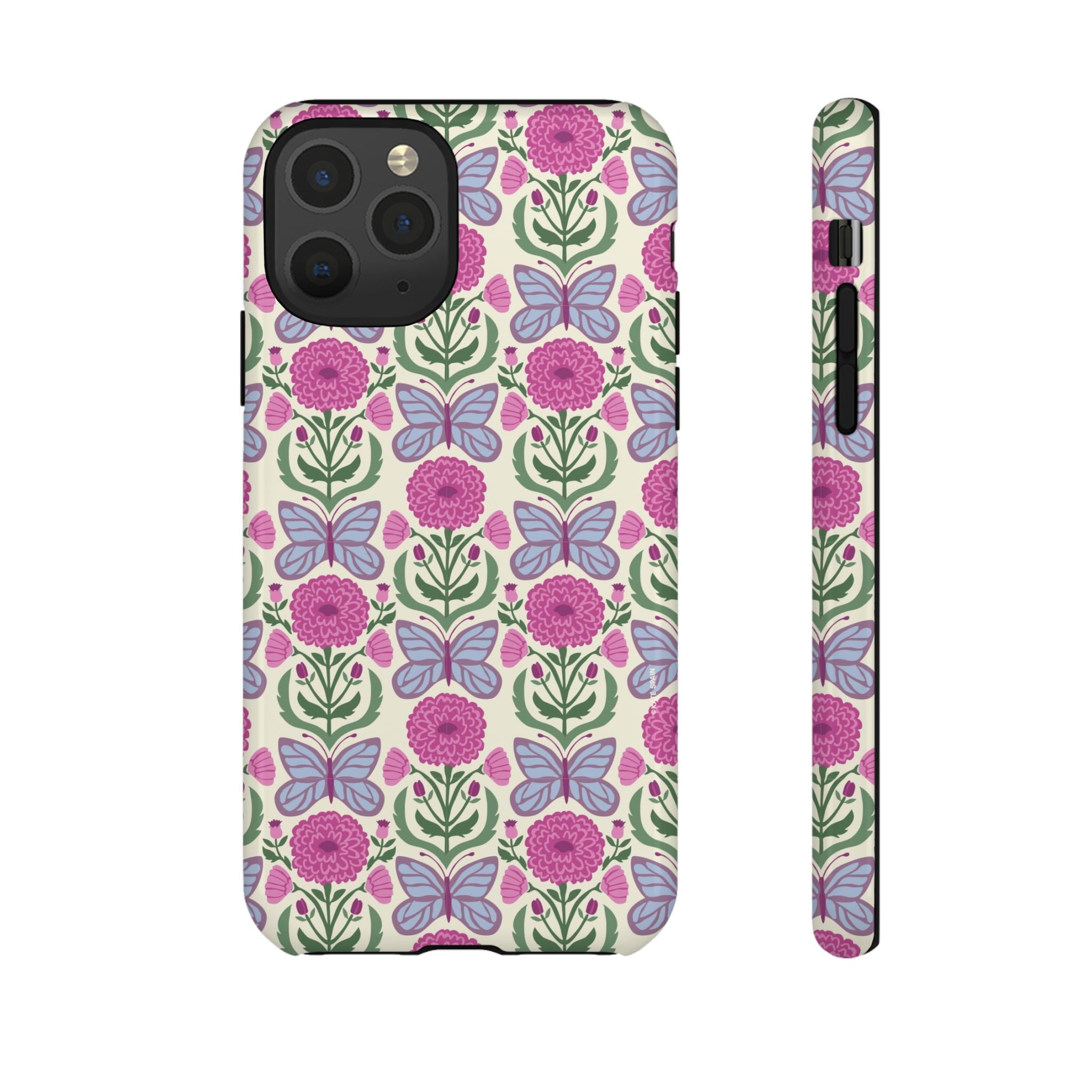 Butterfly Tough iPhone 11 Pro Case – Glossy | cream, magenta, periwinkle butterfly floral print