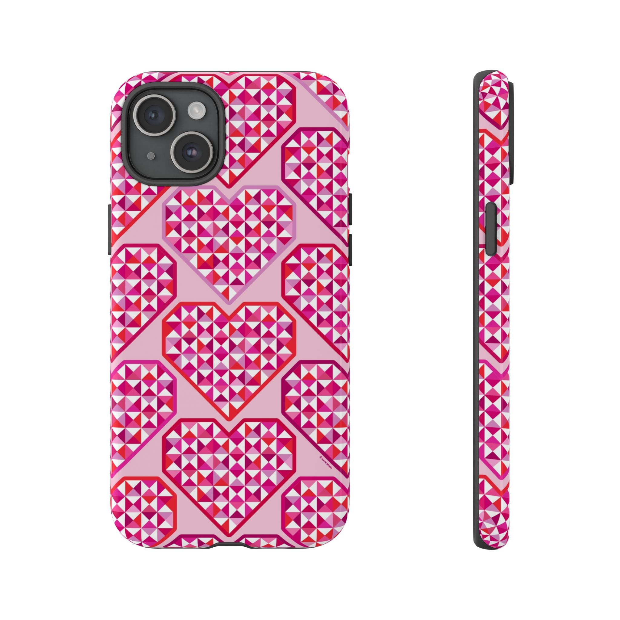 Pink Pyramid Heart Tough iPhone 15 Plus Case – Glossy | blush, pink, magenta, red geometric pyramid heart print