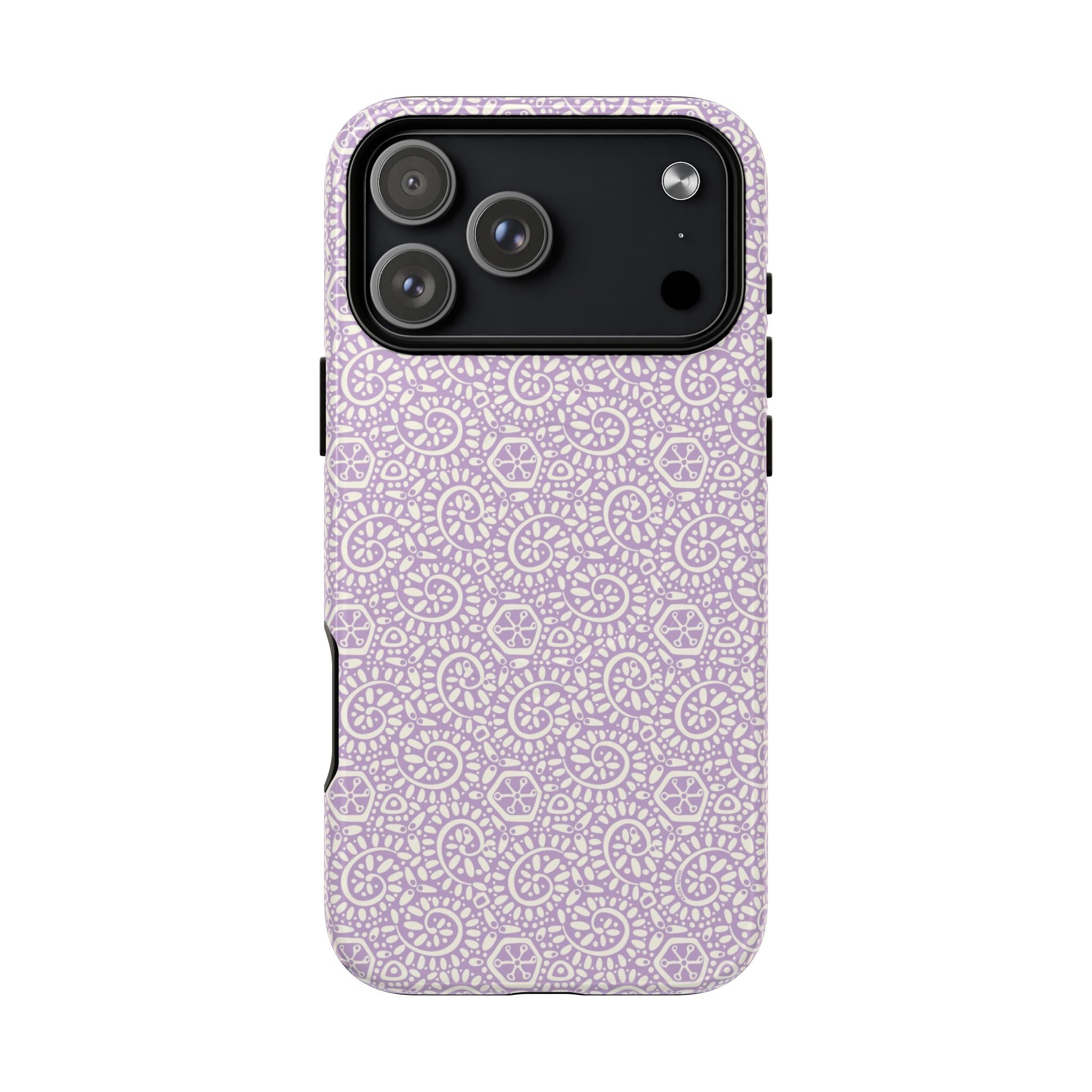 Canto Swirls Lavender MagSafe iPhone 17 Pro Max Glossy Case — lavender hard case covered in an intricate folk-art medallion pattern of radiating circular motifs, dot clusters, and geometric centers