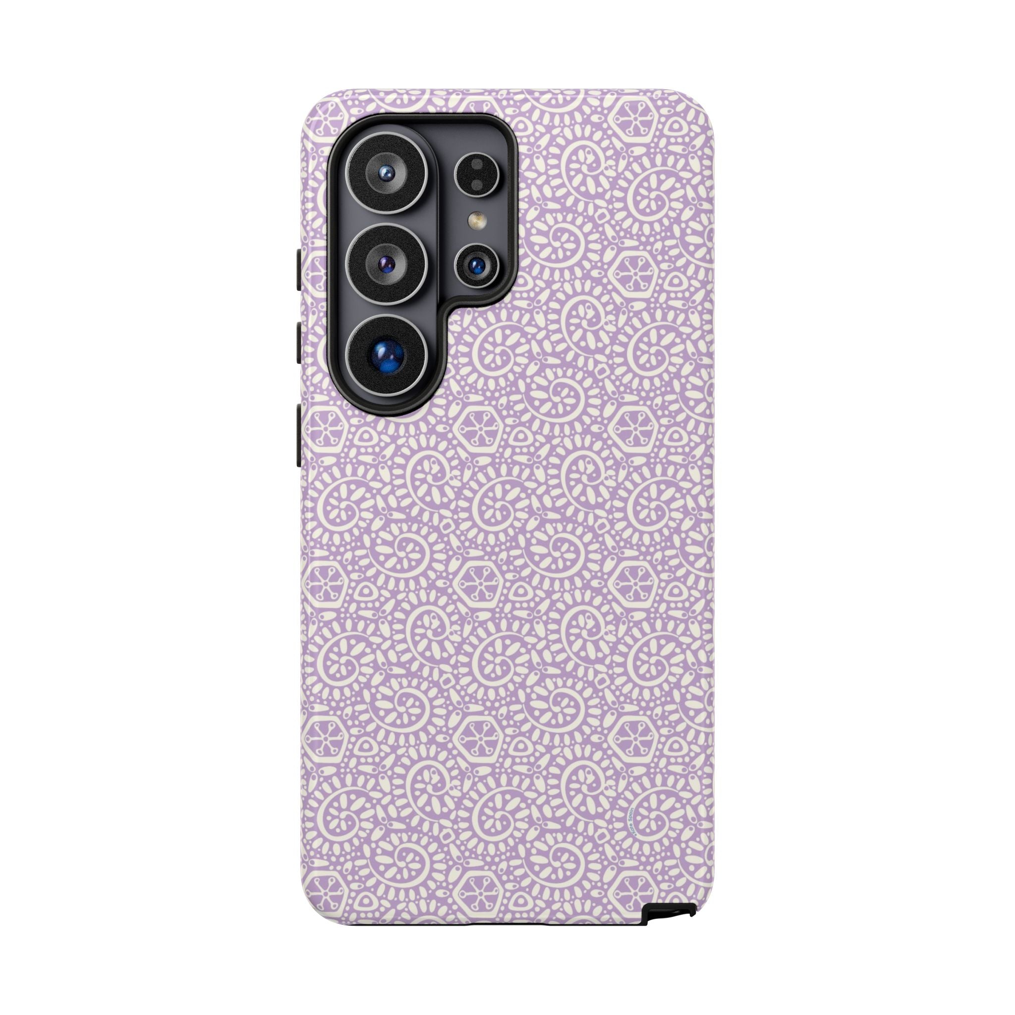 Canto Swirls Lavender Samsung Galaxy S26 Ultra Glossy Case — lavender hard case covered in an intricate folk-art medallion pattern of radiating circular motifs, dot clusters, and geometric centers