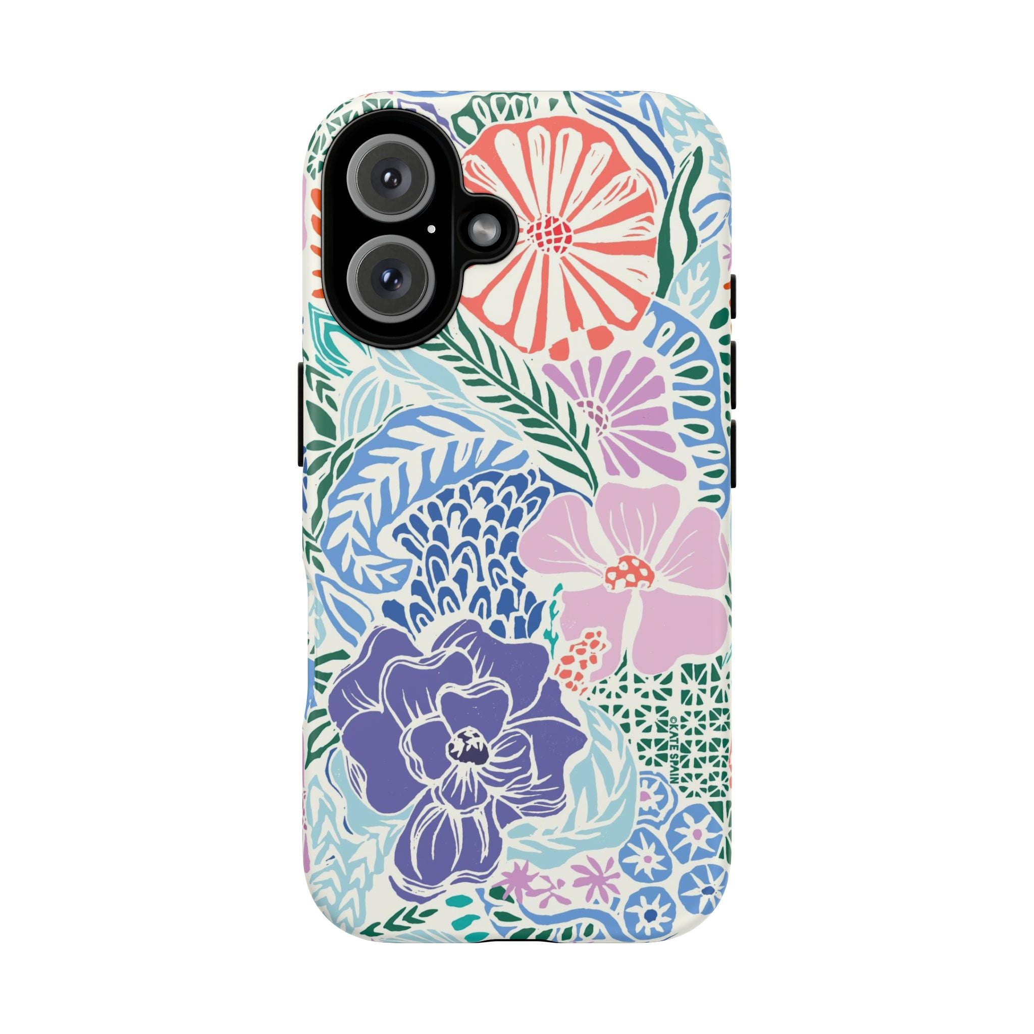 Tropica Tough iPhone 16 Case – Matte | purple, coral, pink, blue botanical tropical floral print