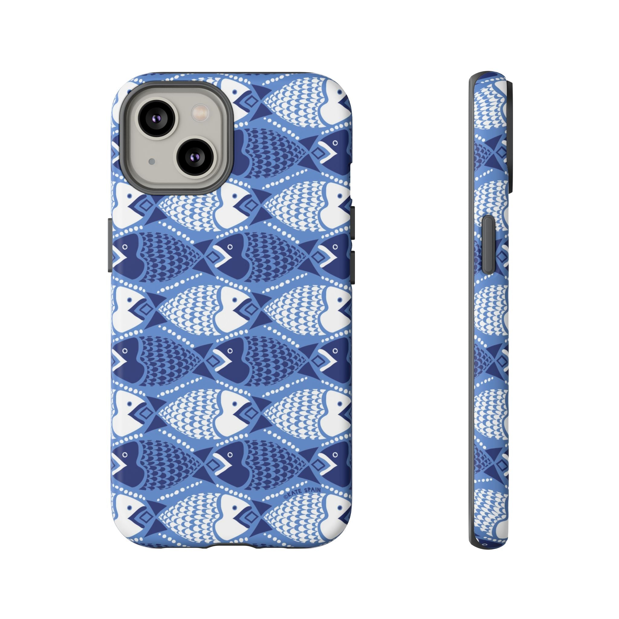 Catch of the Day Tough iPhone 14 Case – Matte | navy, blue, white geometric fish print
