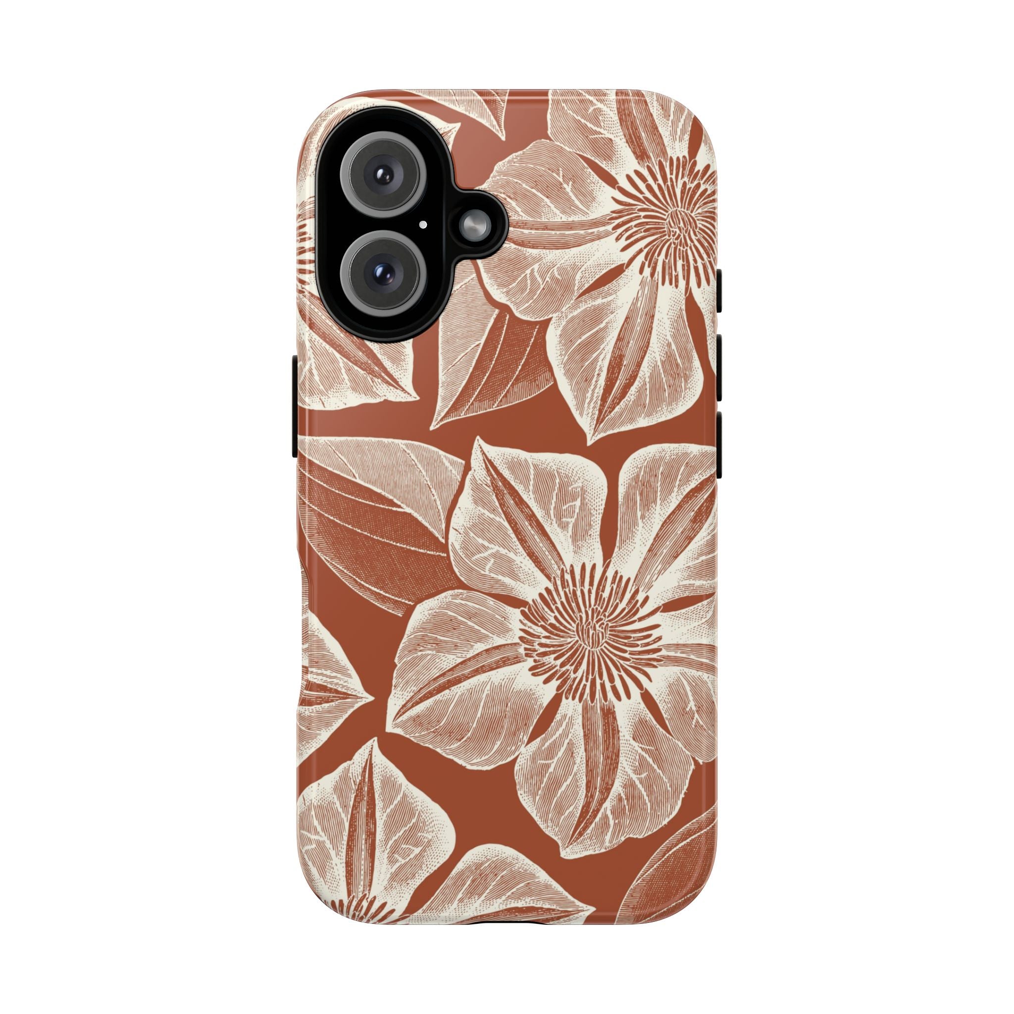 Vintage Bloom Sienna iPhone 16 case – Glossy | sienna ground, large-scale cream clematis print, engraved petal detail, dual-layer protection
