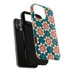 Modern Dahlia MagSafe iPhone Case – exploded side view showing dual-layer construction | teal, coral, cream botanical dahlia floral print
