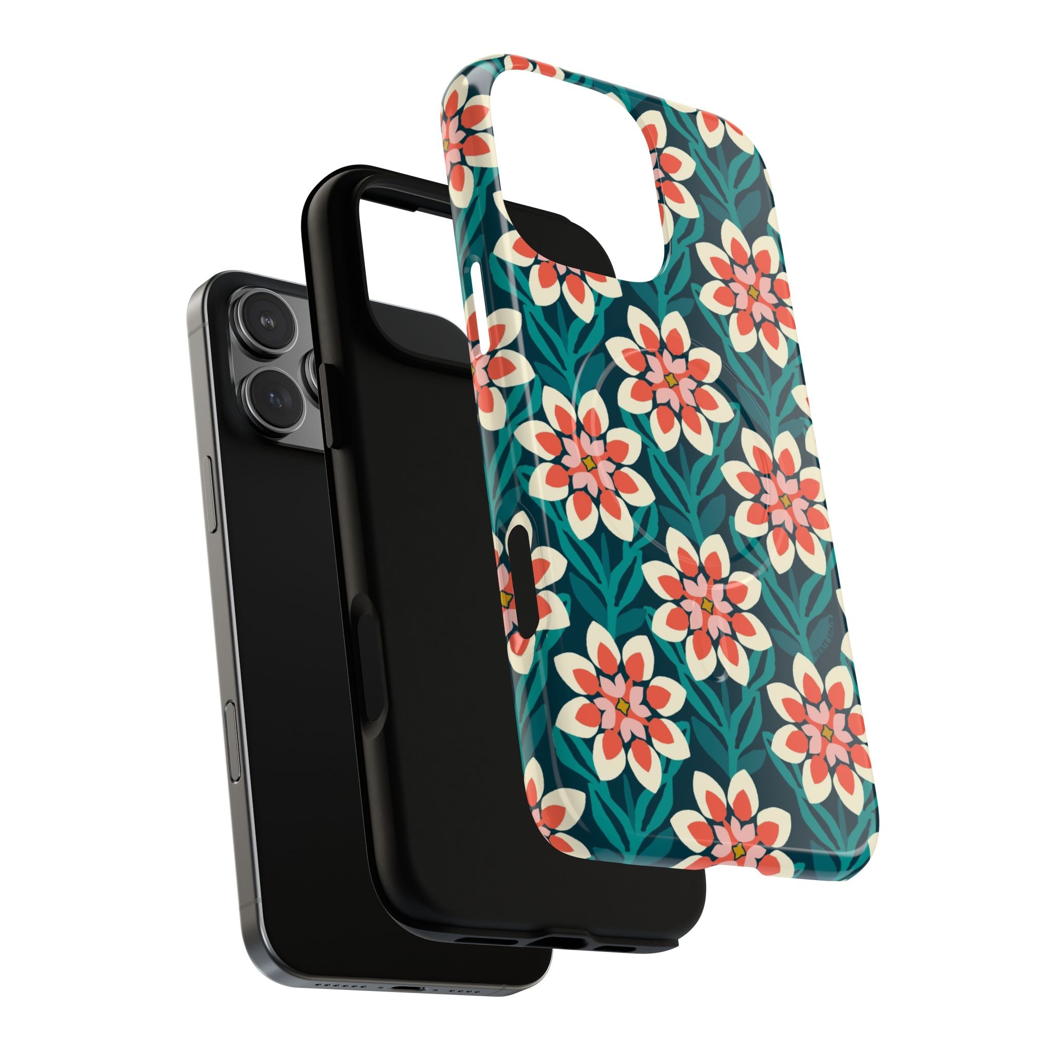 Modern Dahlia MagSafe iPhone Case – exploded side view showing dual-layer construction | teal, coral, cream botanical dahlia floral print