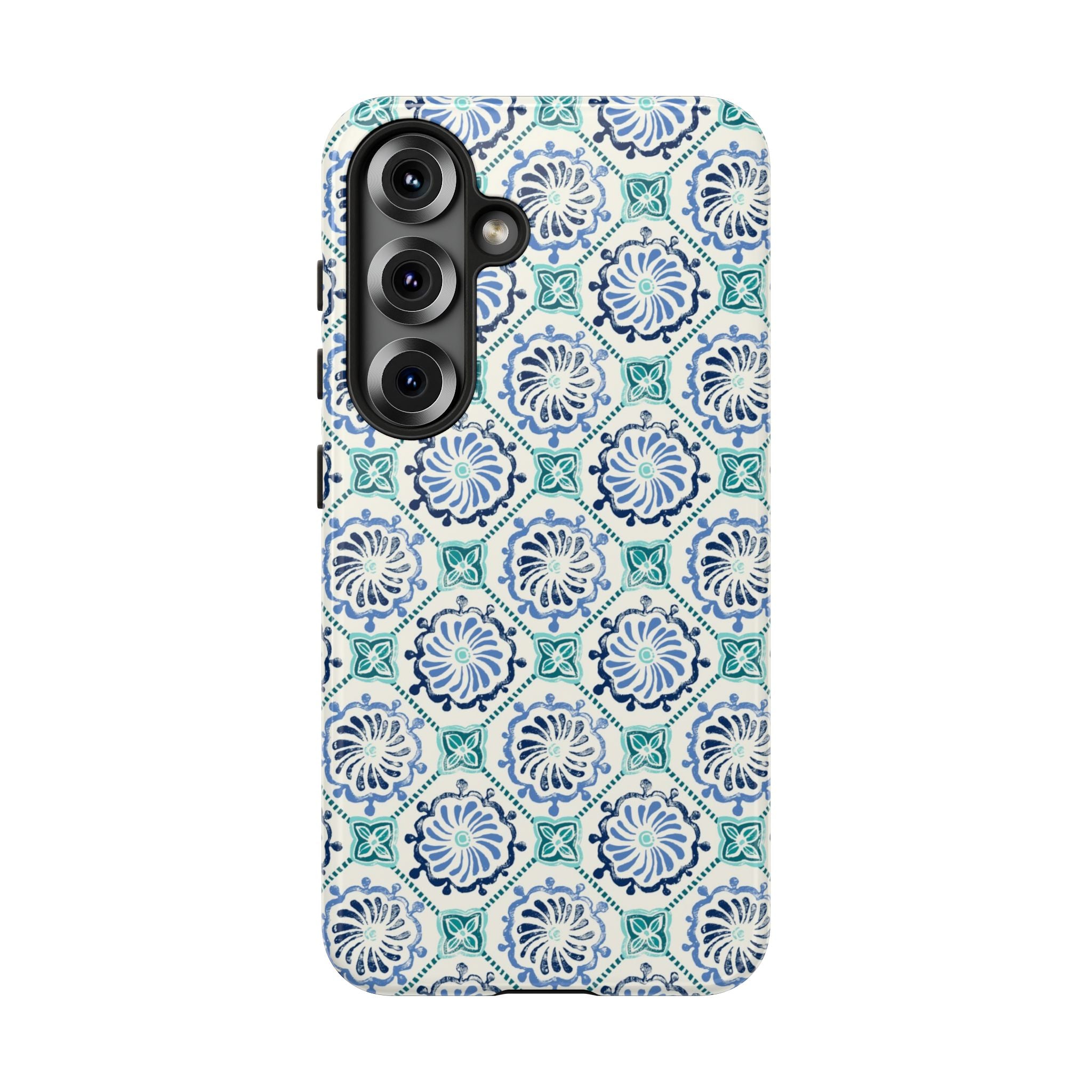 Horizon Blue Tile Samsung Galaxy S25 Case – Glossy | blue, turquoise, cream white dual-layer protection
