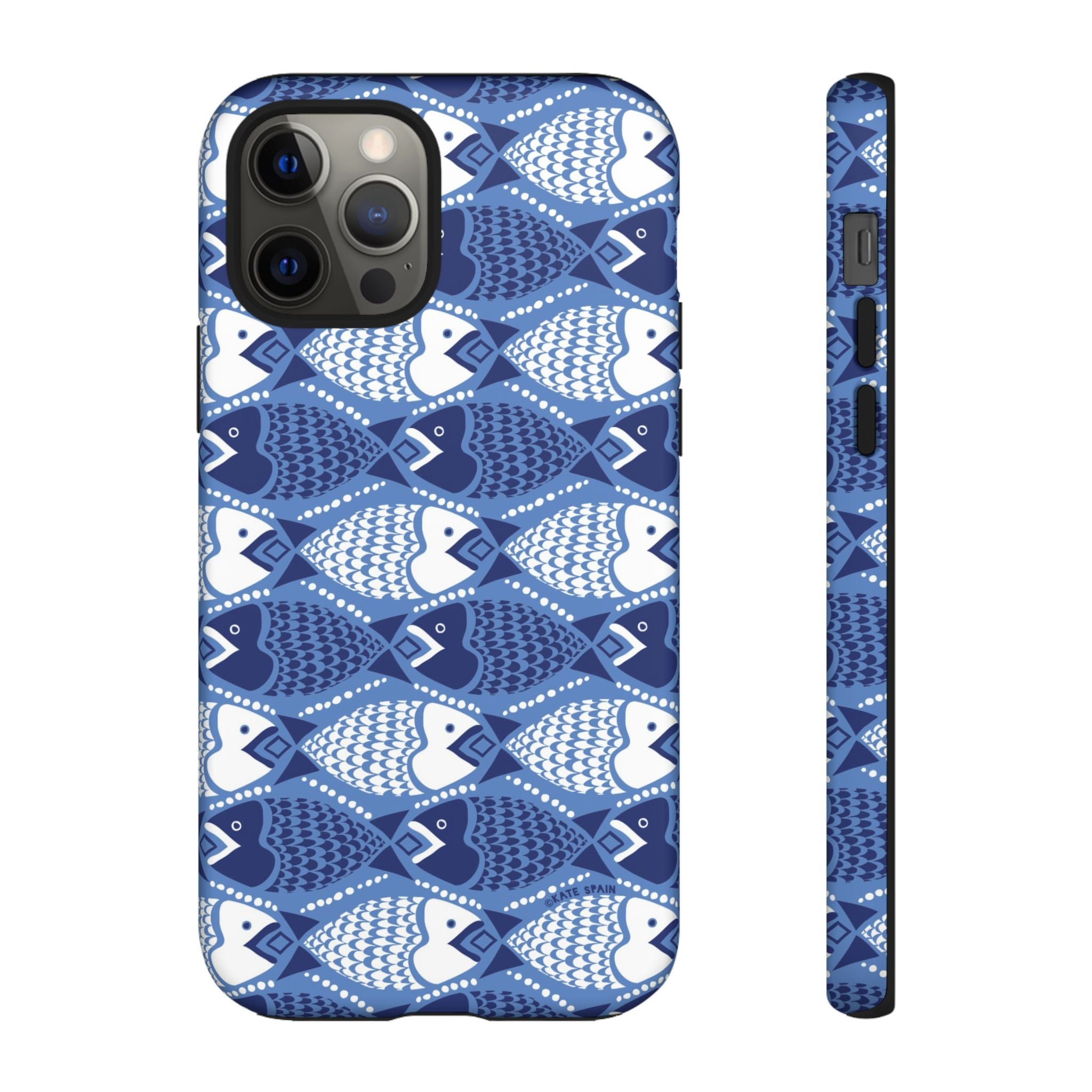 Catch of the Day Tough iPhone 12 Pro Case – Matte | navy, blue, white geometric fish print