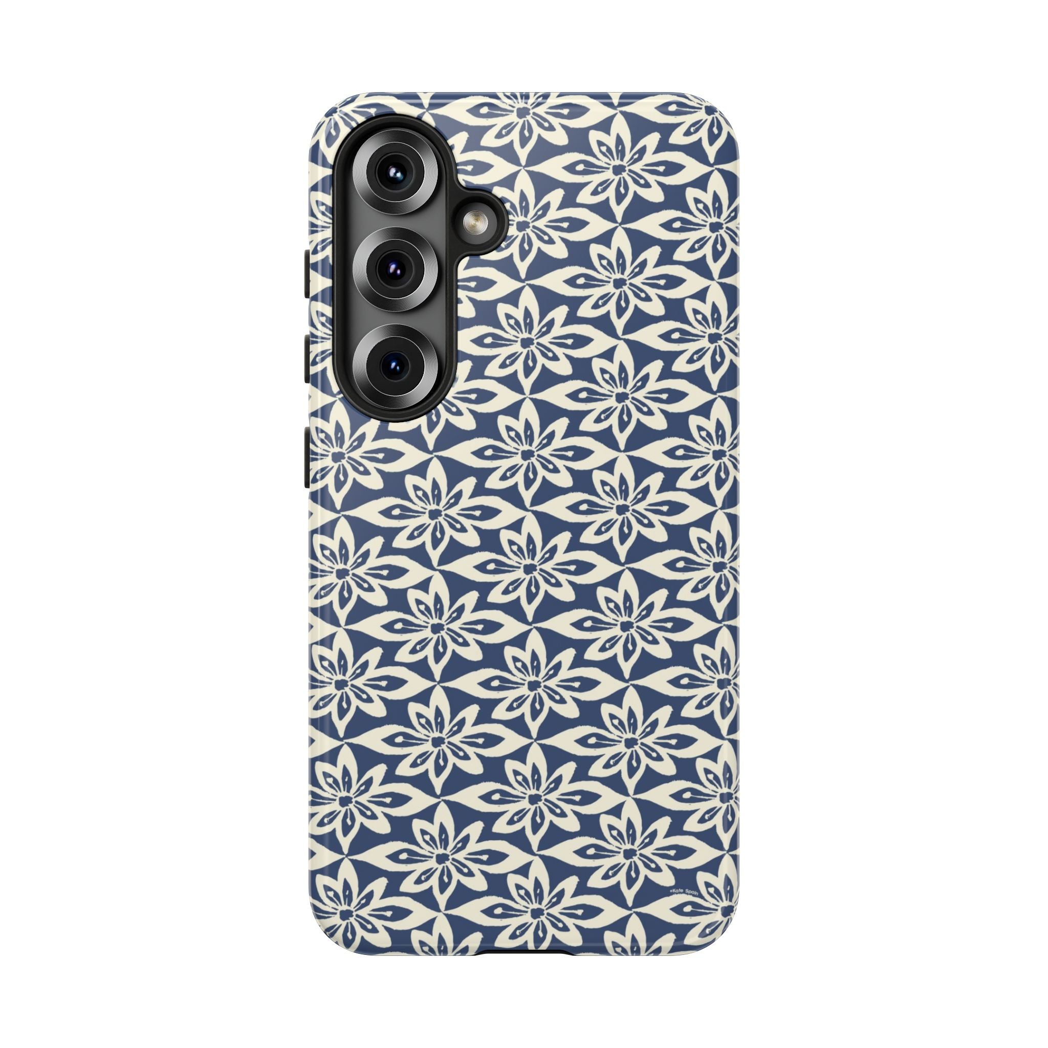 Lily Navy Blue Samsung Galaxy S25 Glossy case — graphic white lily print on deep navy — botanical phone case by Kate Spain