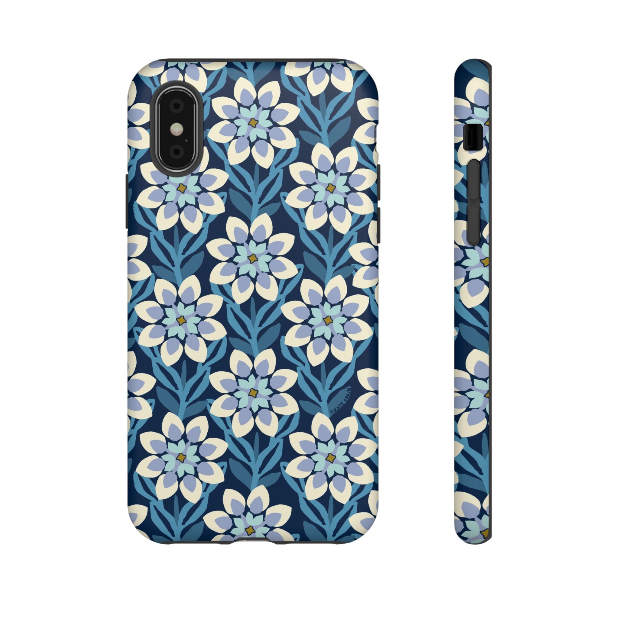 Designer Modern Dahlia Tough iPhone XS Case – Matte | navy, cobalt, white dahlia floral print