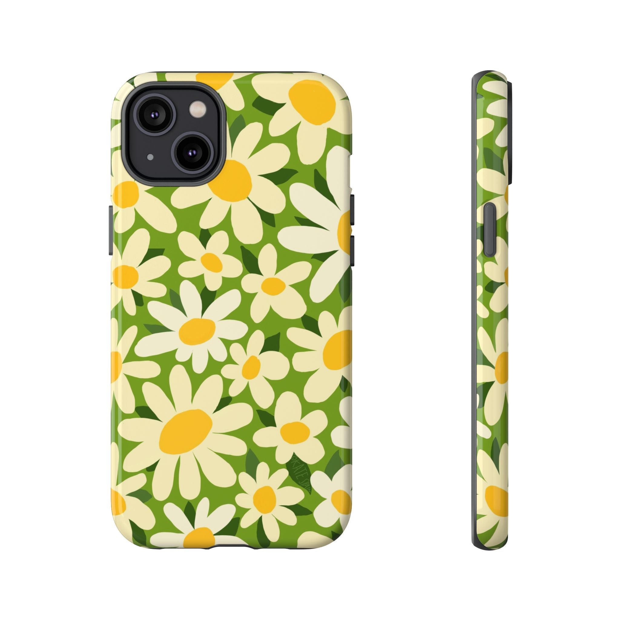 Shasta Daisy Tough iPhone 14 Plus Case – Glossy | green, white, yellow daisy floral print