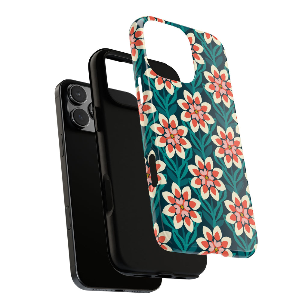 Modern Dahlia Tough iPhone 17 Case – exploded side view showing dual-layer construction | teal, coral, cream geometric dahlia floral print
