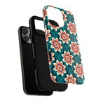 Modern Dahlia Tough iPhone 17 Case – exploded side view showing dual-layer construction | teal, coral, cream geometric dahlia floral print