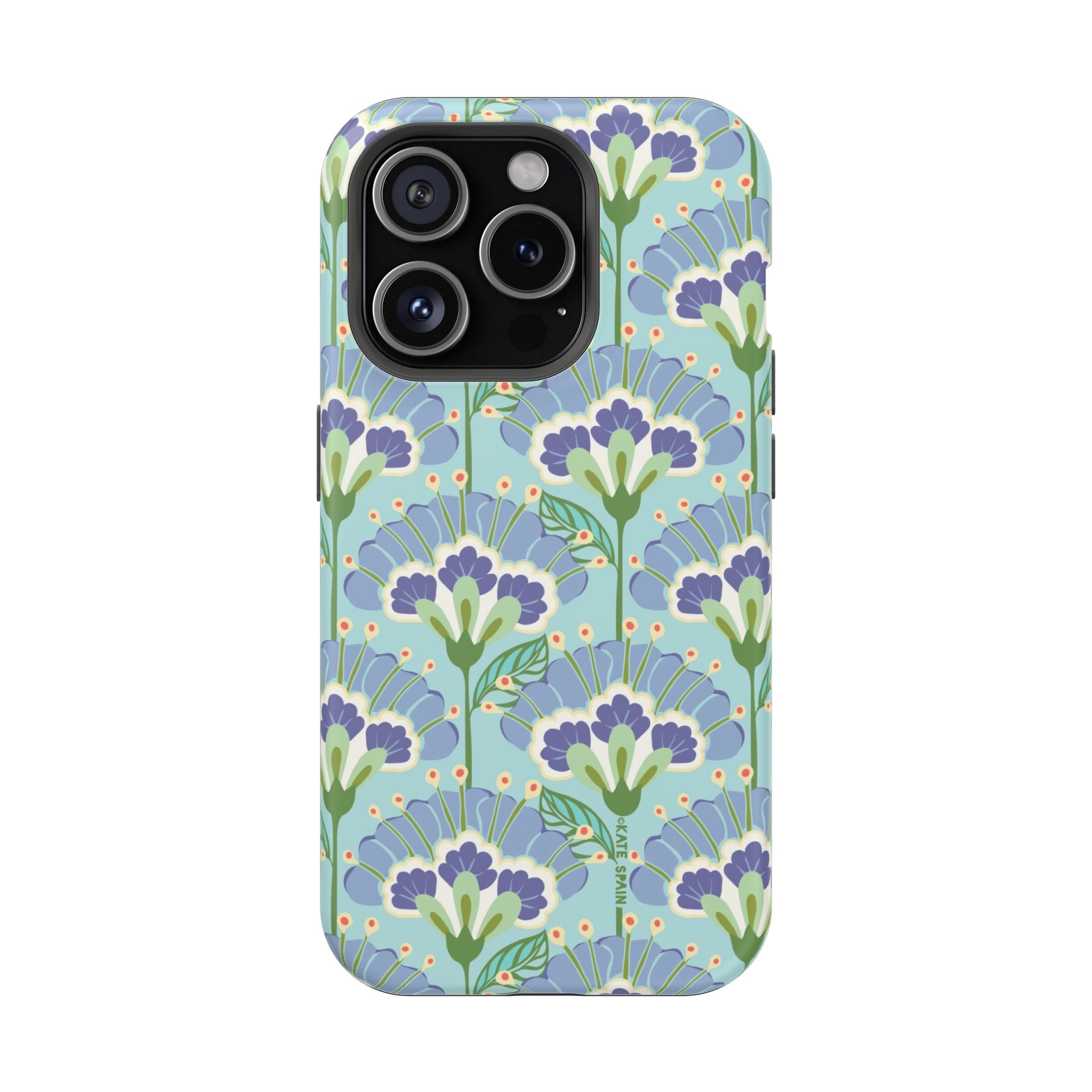 Lantern Flower MagSafe iPhone 15 Pro Case – Matte | aqua, periwinkle, green botanical lantern floral print MagSafe compatible, dual-layer protection