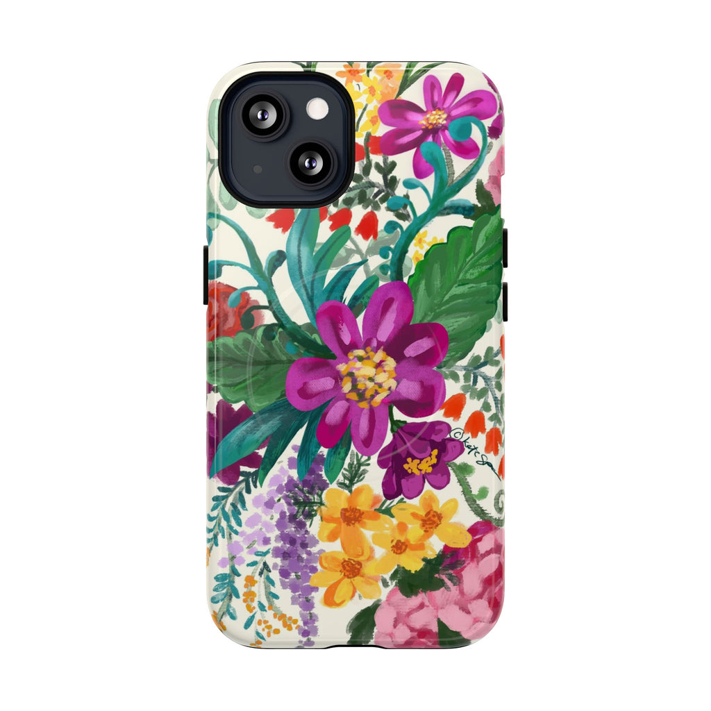Posy MagSafe iPhone 13 Case – Glossy | cream, magenta, coral botanical floral print