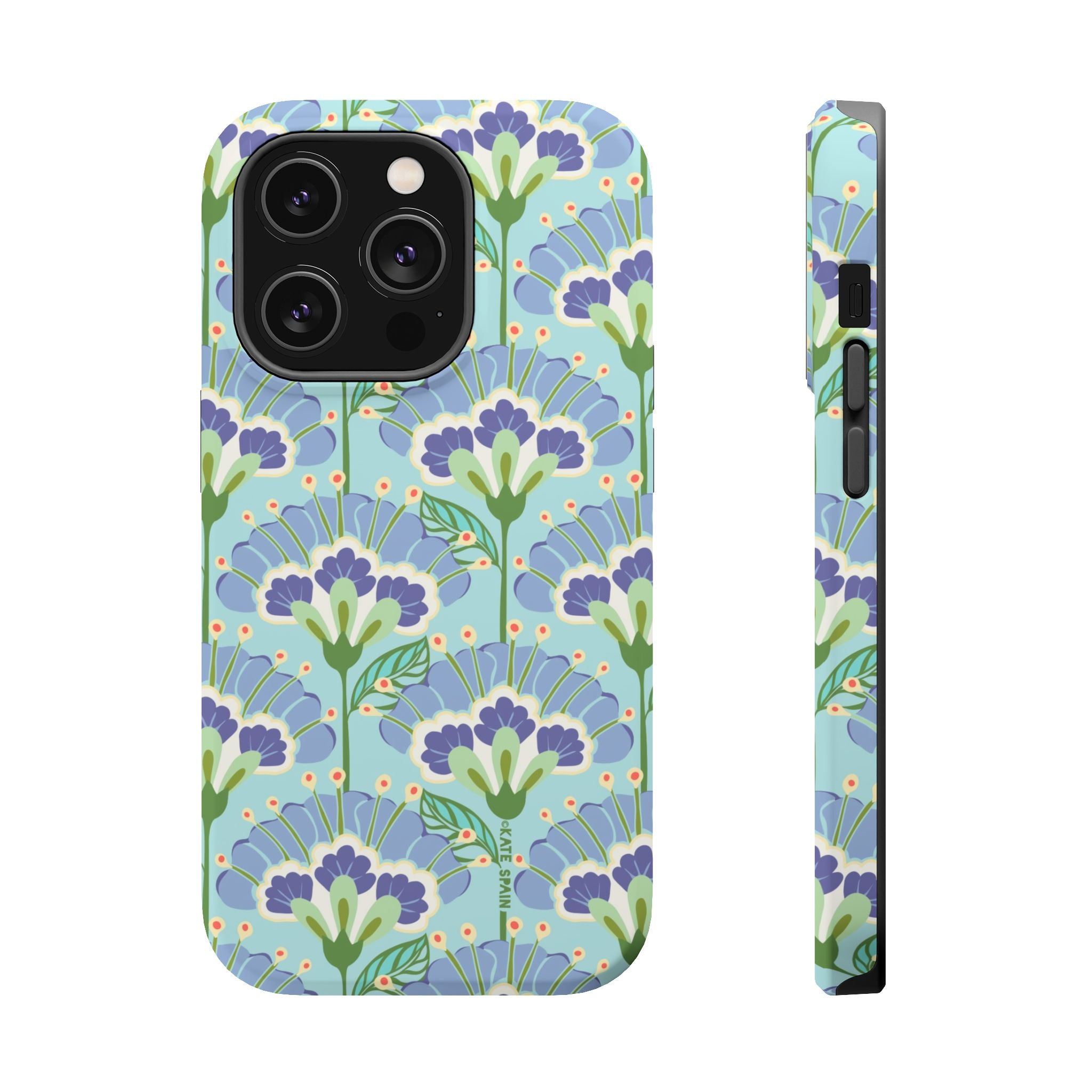 Lantern Flower MagSafe iPhone 14 Plus Case – Glossy | aqua, periwinkle, green botanical lantern floral print MagSafe compatible, dual-layer protection