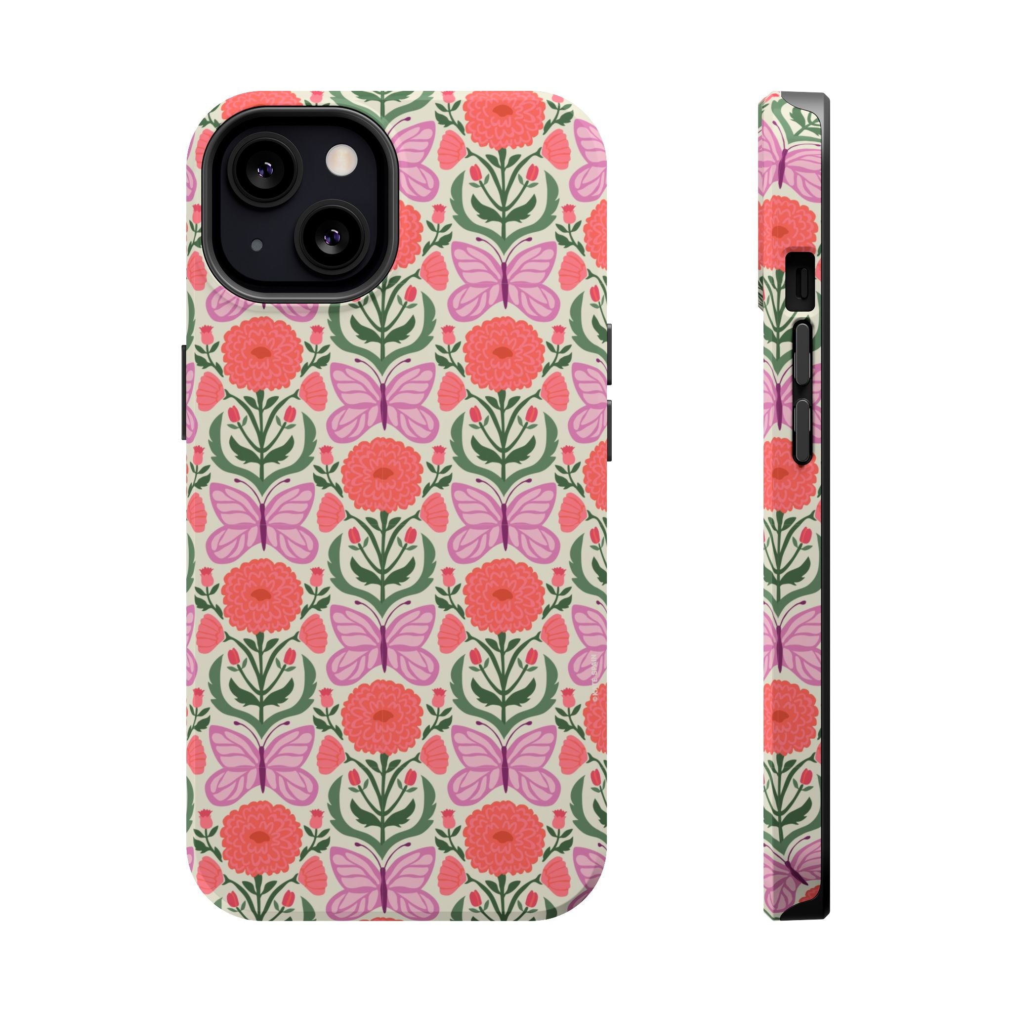 Pink Butterfly MagSafe iPhone 13 Case – Glossy | cream, coral, lavender, green butterfly floral print