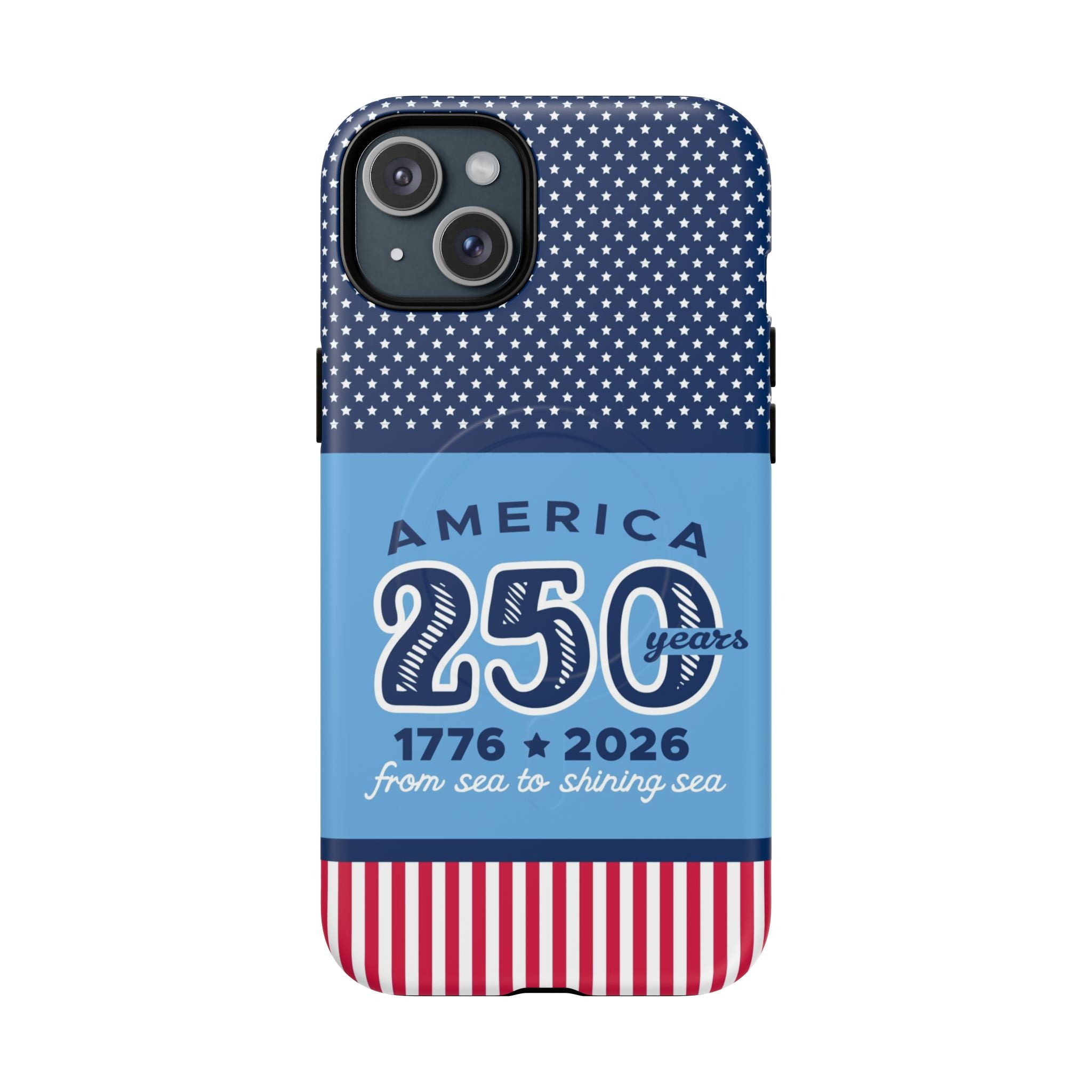 Sea to Shining Sea MagSafe iPhone 15 Plus Case – Matte | navy, sky blue, red, white American stars & stripes 250th anniversary print
