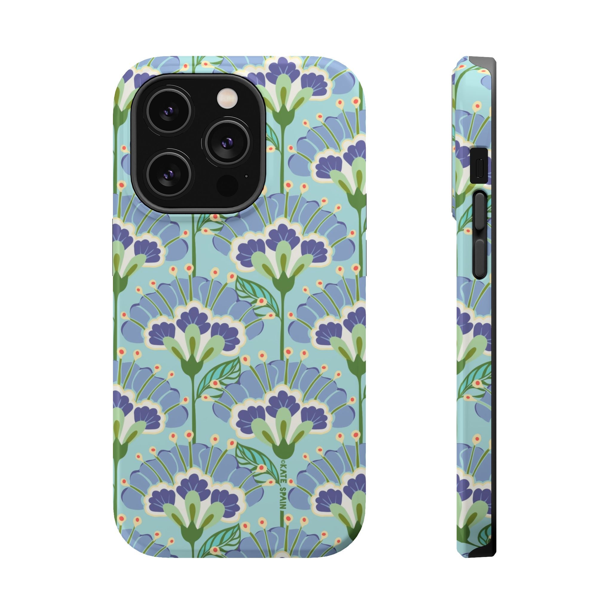 Lantern Flower MagSafe iPhone 14 Pro Case – Matte | aqua, periwinkle, green botanical lantern floral print MagSafe compatible, dual-layer protection
