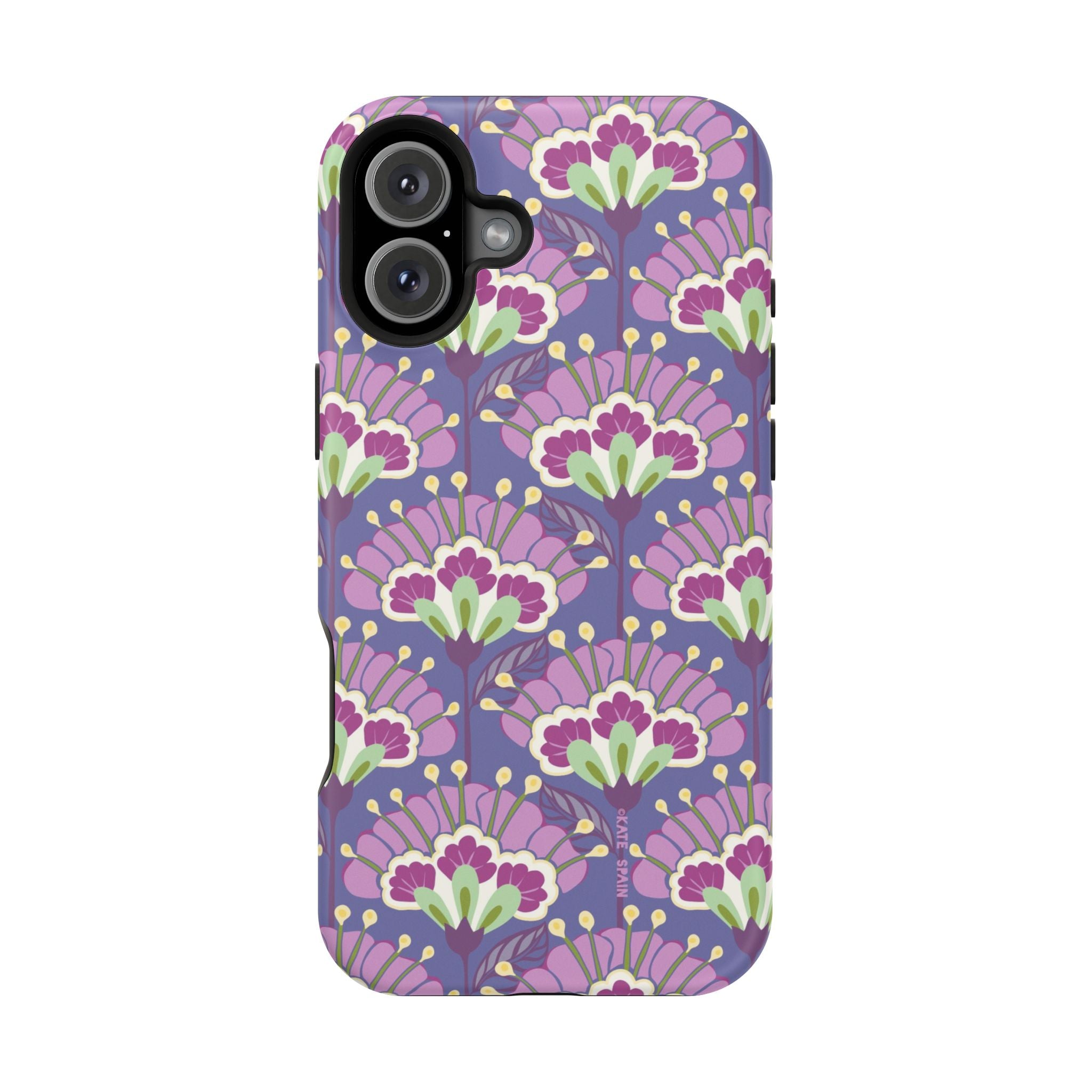 Lantern Flower MagSafe iPhone 16 Plus Case – Matte | periwinkle, purple, mauve, sage botanical lantern floral print MagSafe compatible, dual-layer protection